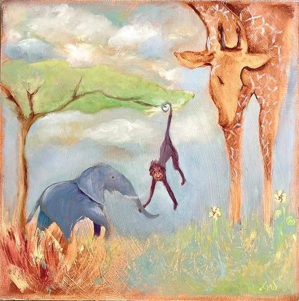 A whimsical painting of a jungle scene with a blue elephant, a tall giraffe, and a hanging monkey in a colorful landscape with trees and flowers.