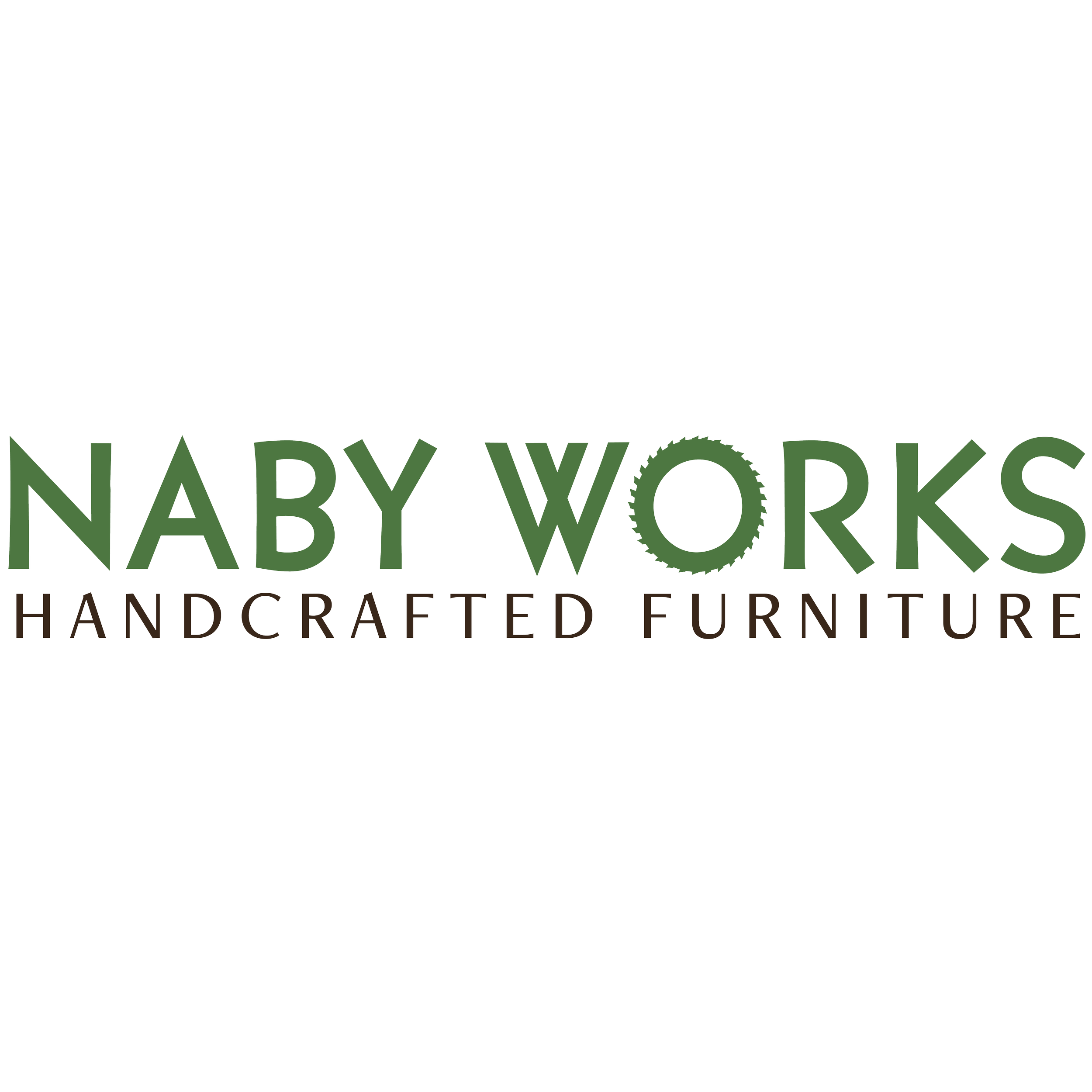 Logo for Naby Works Handcrafted Furniture, featuring the company name with a circular saw blade pattern inside the letter 'O' and the tagline 'Handcrafted Furniture' below.