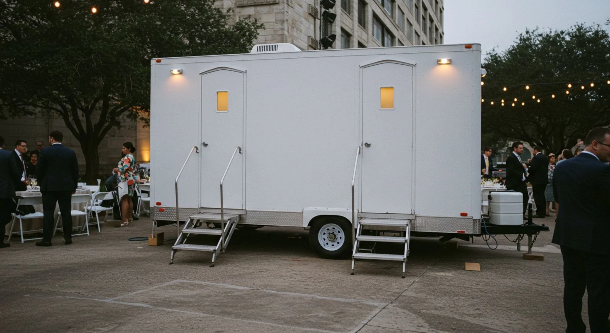 Portable restroom trailer at outdoor event with string lights and people gathered around tables.