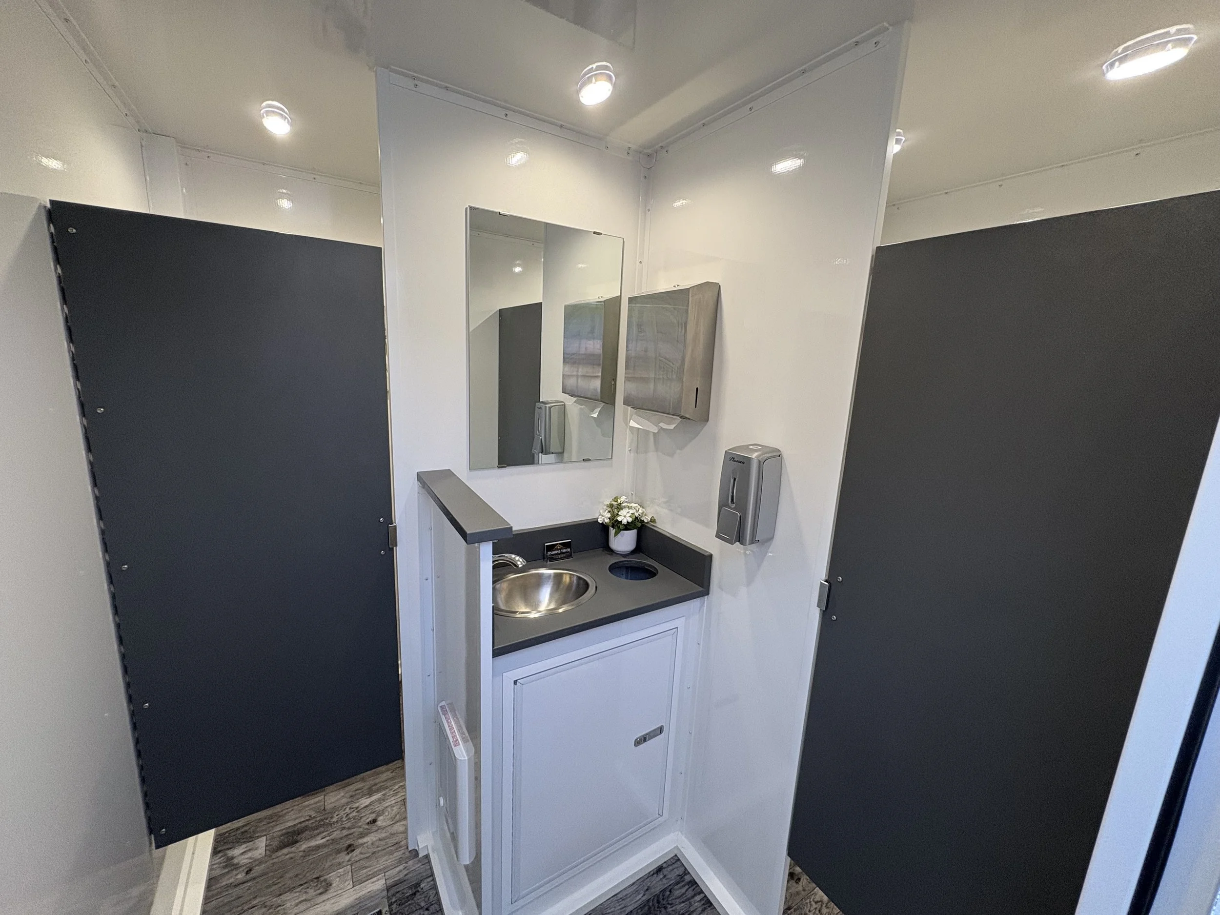 Modern bathroom with white walls, wood floor, a mirror, sink, paper towel dispenser, and toilet, decorated with green plant and wall art.