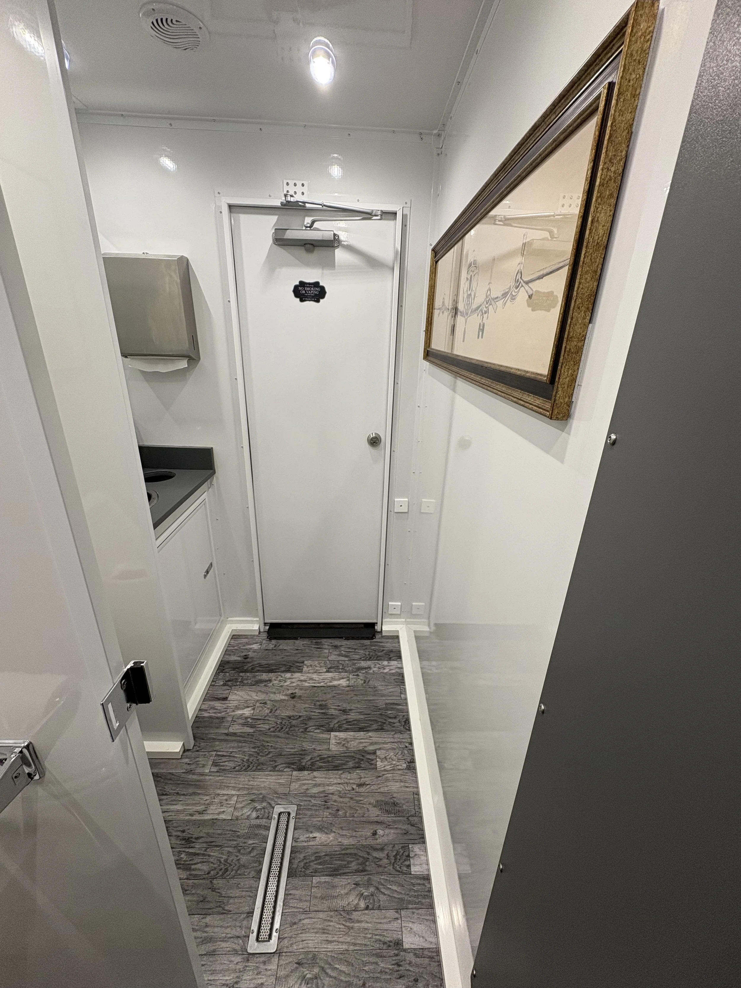 Modern bathroom with white walls, wood floor, a mirror, sink, paper towel dispenser, and toilet, decorated with green plant and wall art.