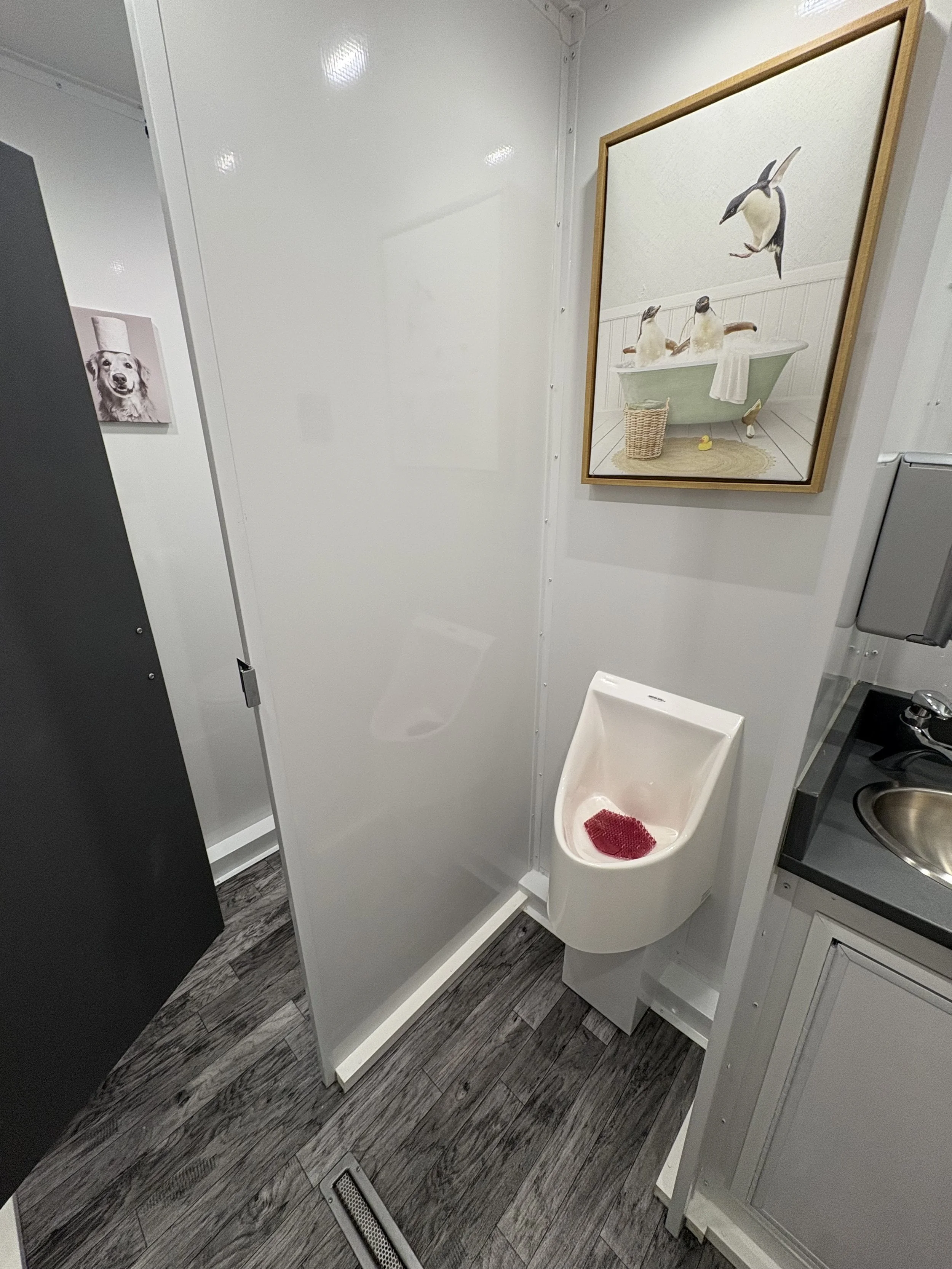 Mobile Restroom Trailer Modern Interior, private stall, urinal 