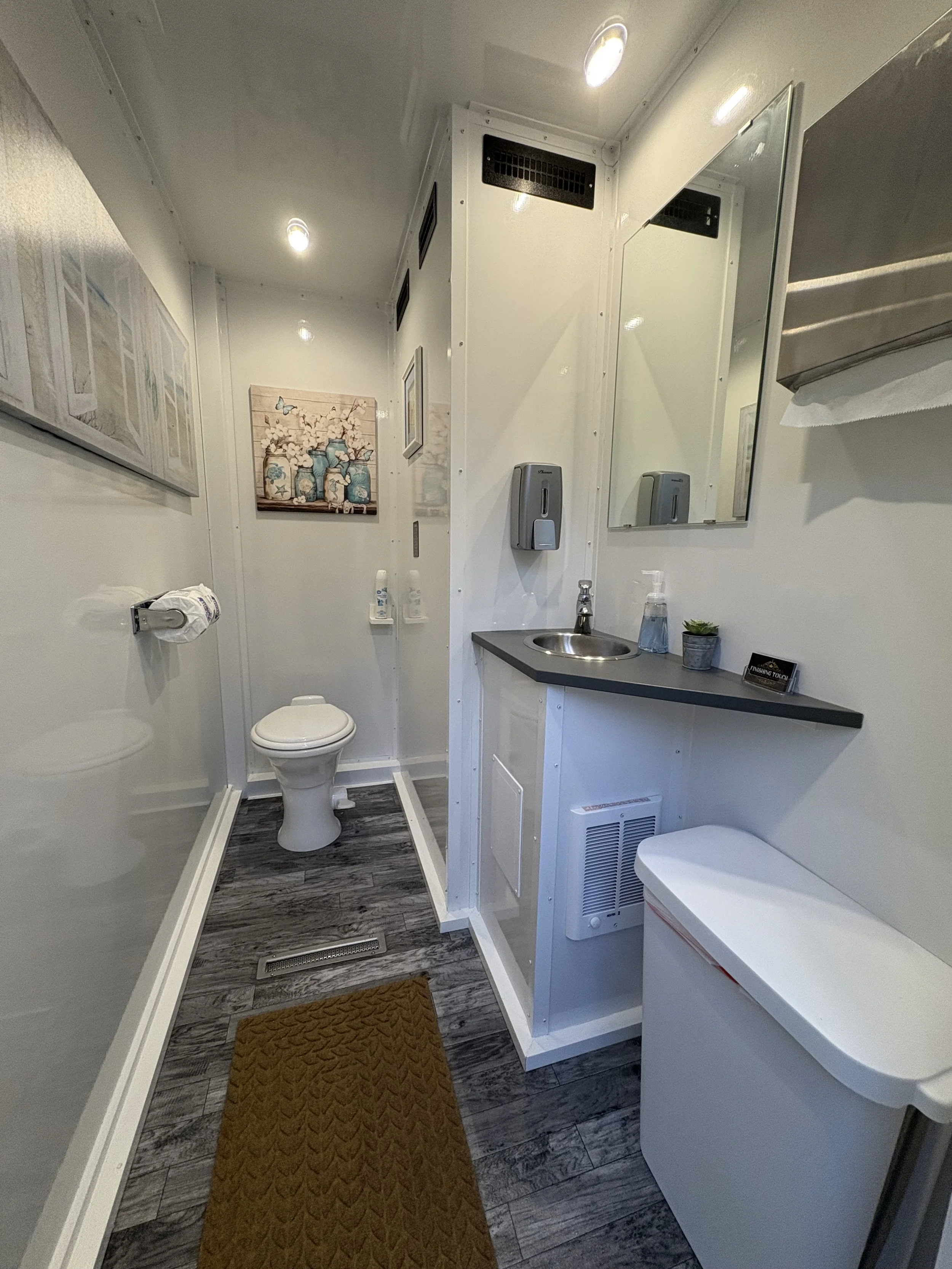 Modern bathroom with white walls, wood floor, a mirror, sink, paper towel dispenser, and toilet, decorated with green plant and wall art.