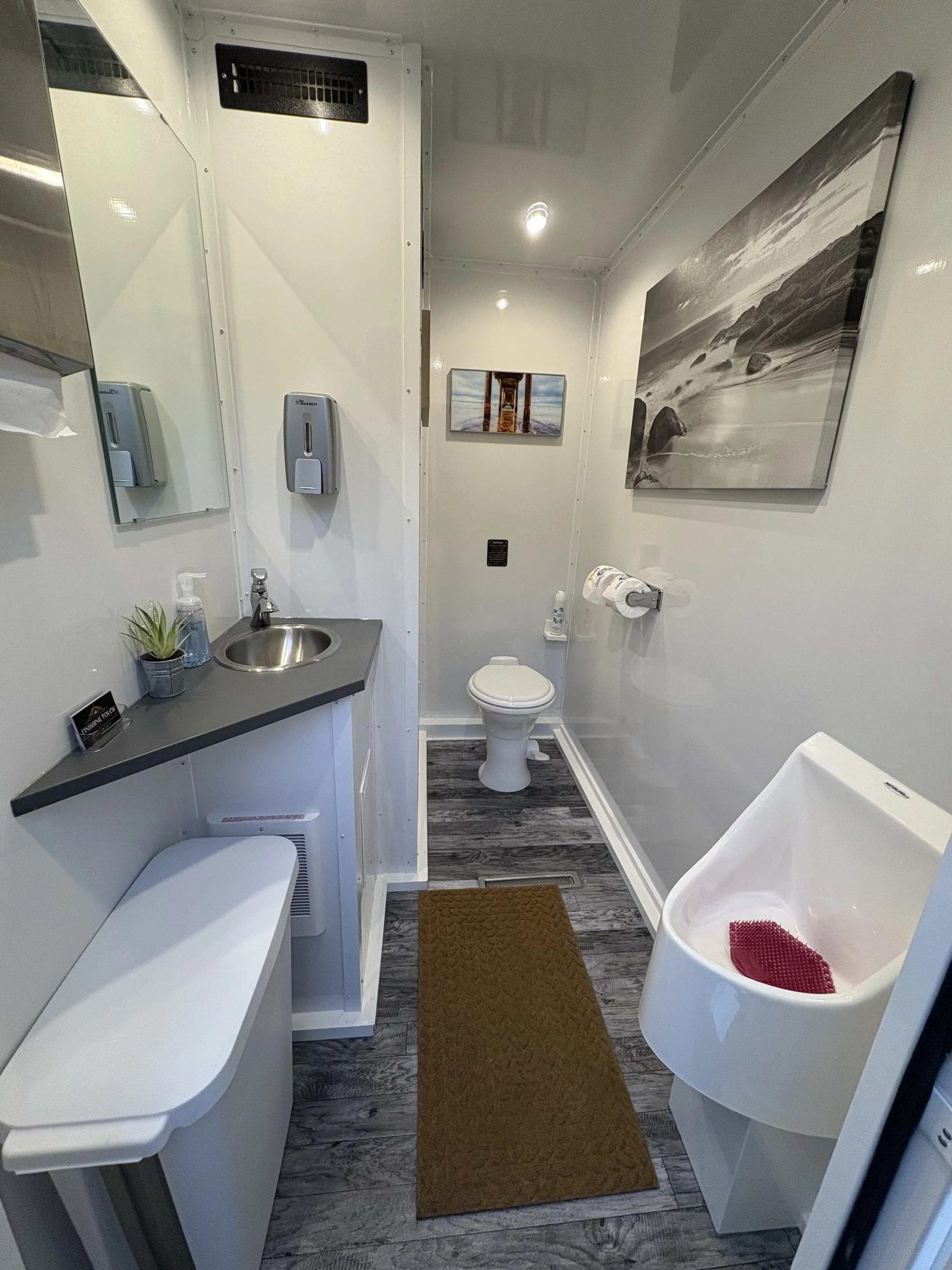 Mobile Restroom Trailer Modern Interior, flushing toilets, lighting, modern appliances, running water