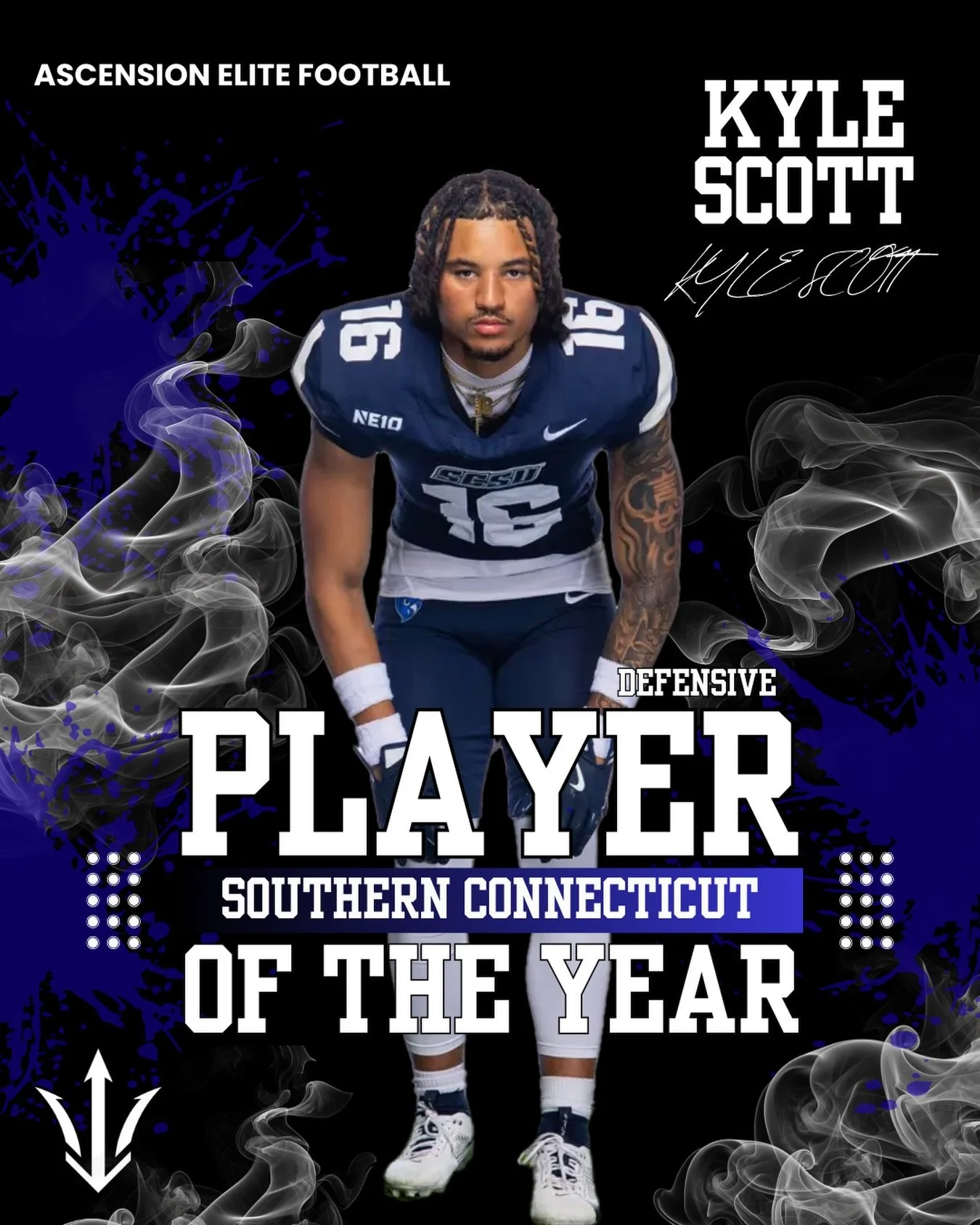 Congratulations to AEFT&rsquo;s Defensive Player of The Year SCSU DB Kyle Scott. 🔥

True Freshman at Southern Connecticut State University 🦉

From the jump this season, Kyle Scott was a problem in the secondary. A fearless defensive back with elite