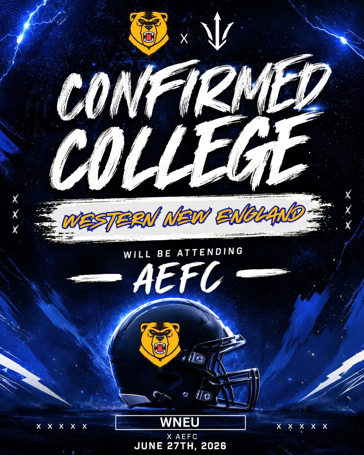 🔱 WNEU IS COMMITTED FOR CAMP TWO 🔱

We&rsquo;re excited to welcome Western New England University to AEFC on June 27th at Berkshire Community College.

The Golden Bears&rsquo; staff will be on-site evaluating talent, building relationships, and con