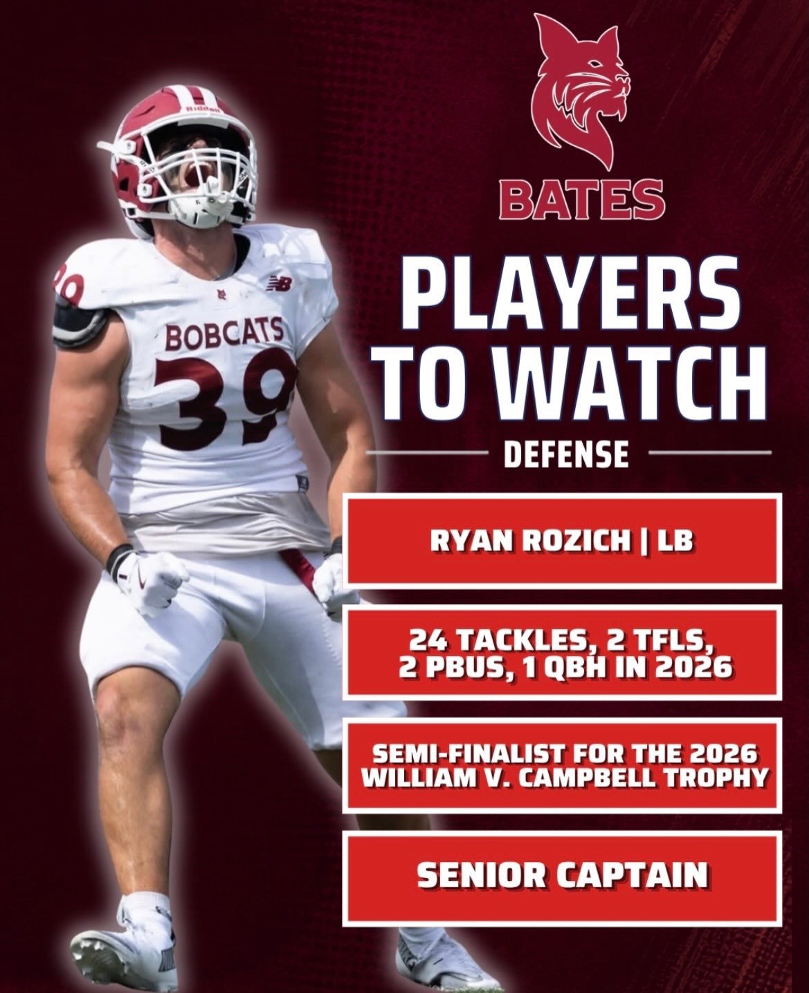 Bates College Players to Watch 👀

The Bobcats are rolling into Middletown, CT for a NESCAC matchup on the Cardinals homecoming day. Records go out the window with an in-conference matchup of this caliber. Led by some strong performers on defense, th