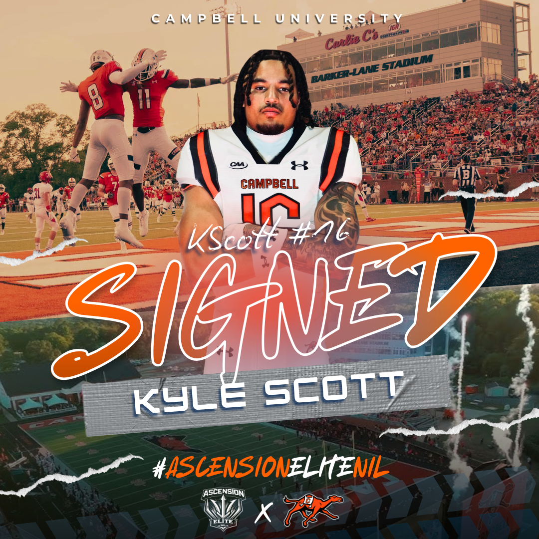 A digital collage featuring a football player in a Campbell University jersey, standing in front of a football stadium with players celebrating on the field. The collage includes text with the player's name, team, and hashtag #ASCENSIONELHENIL, along with team logos.
