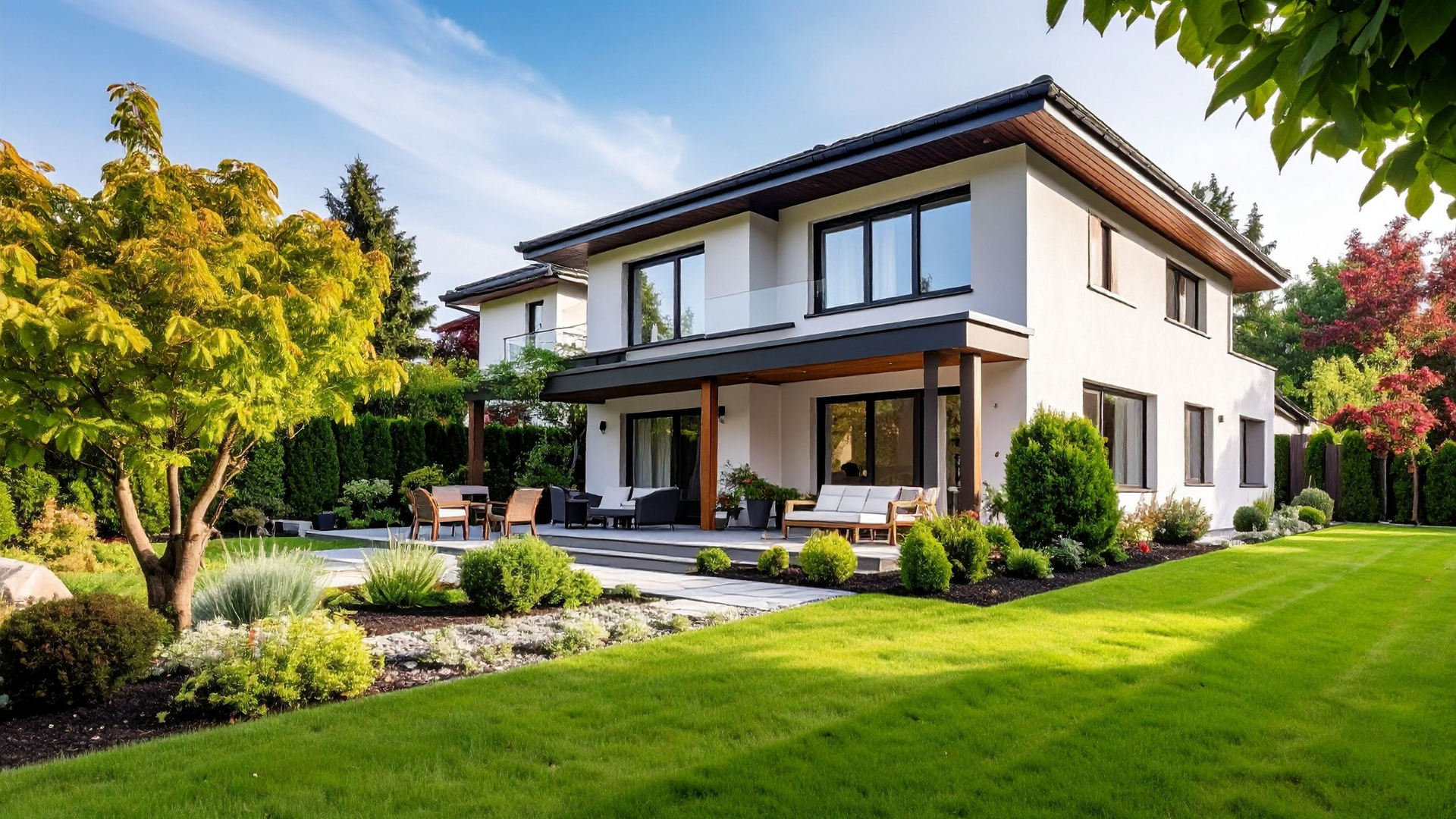 Modern two-story house with a large porch, surrounded by a well-maintained garden and lawn, with trees and shrubs, under a blue sky.