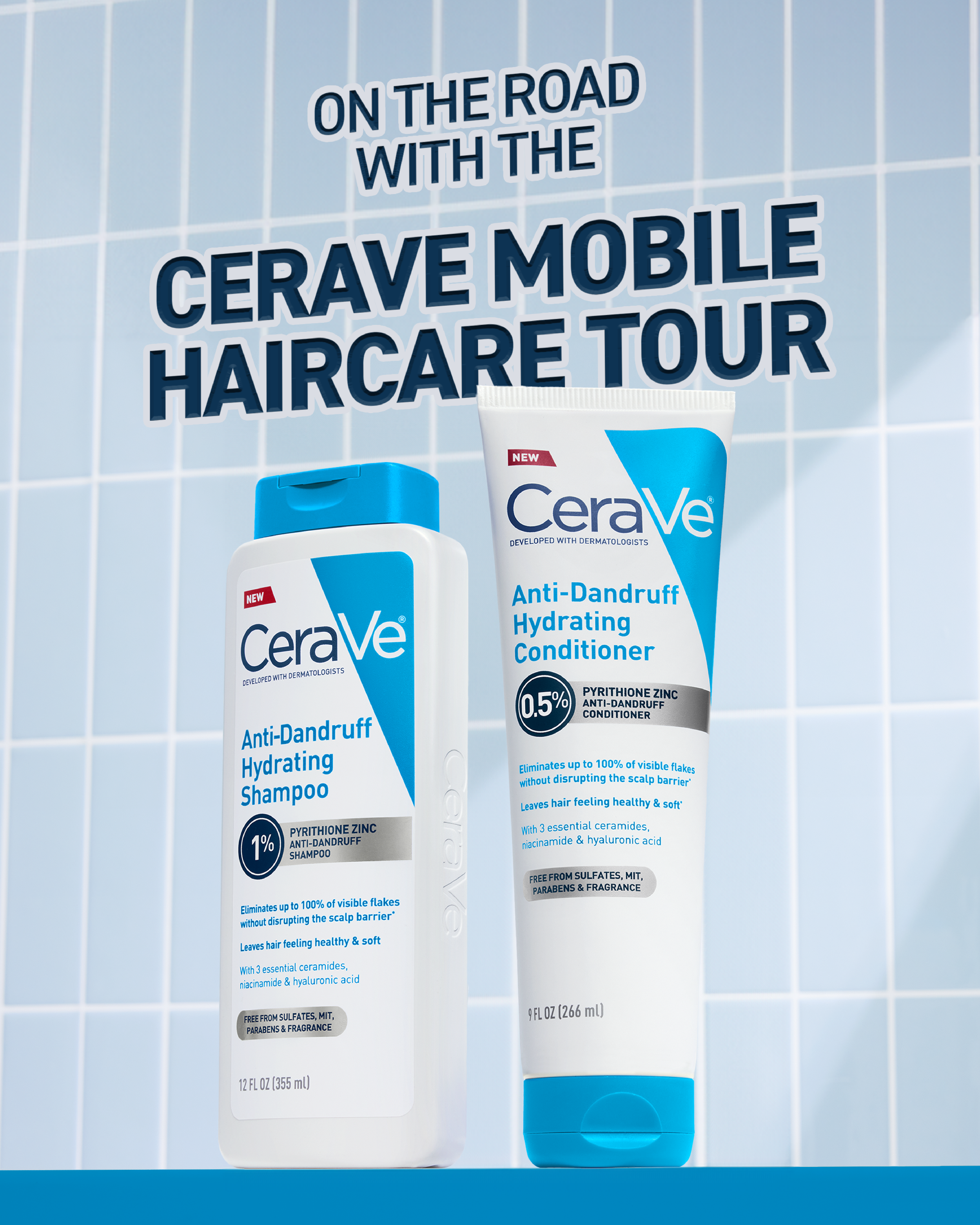 Bottles of shampoo and conditioner in front of tile background