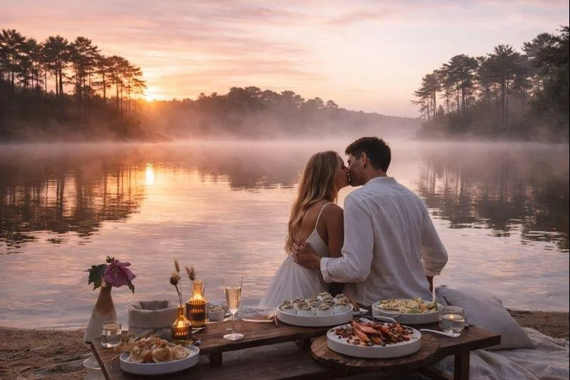 Un couple s'embrasse au coucher du soleil sur une plage près d'une rivière, avec un pique-nique romantique sur un tapis.