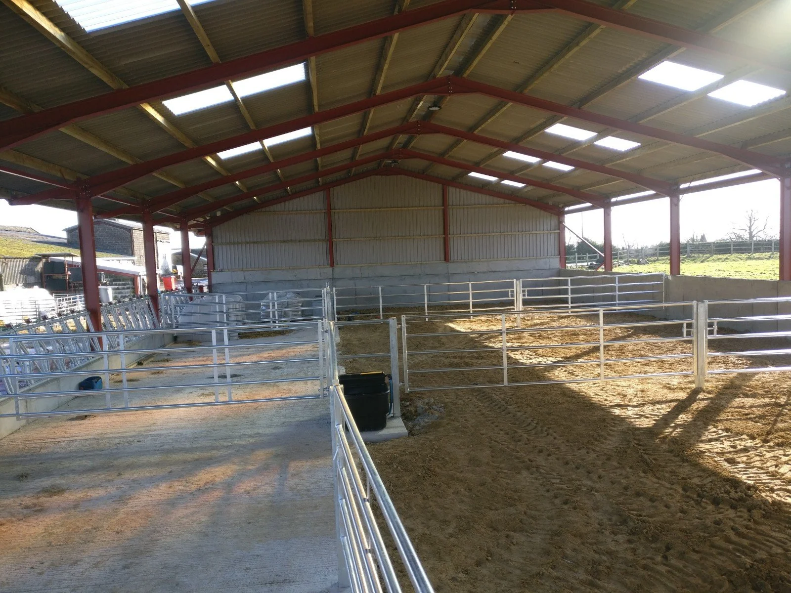 Empty horse stables with sandy ground, metal railing fences, and a covered roof, with sunlight shining through gaps.