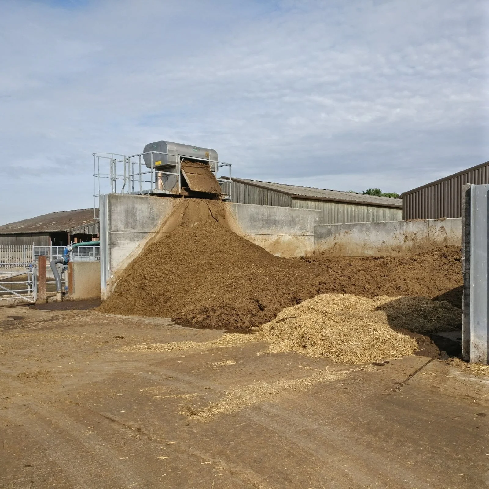 Feed mixer pouring chopped hay and manure onto a farmyard feed pile.