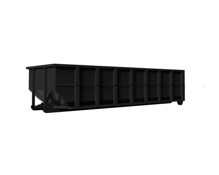 A black industrial vertical storage container or dumpster with a rectangular shape.