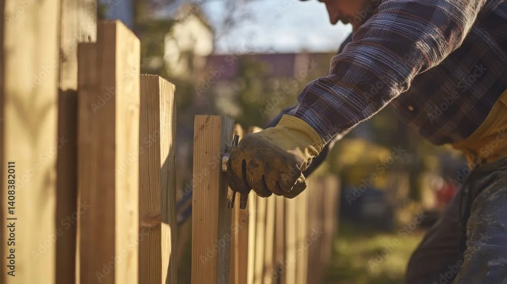 A person installs a wooden fence using a hammer, wearing gloves and a plaid shirt, with sunlight in the background.