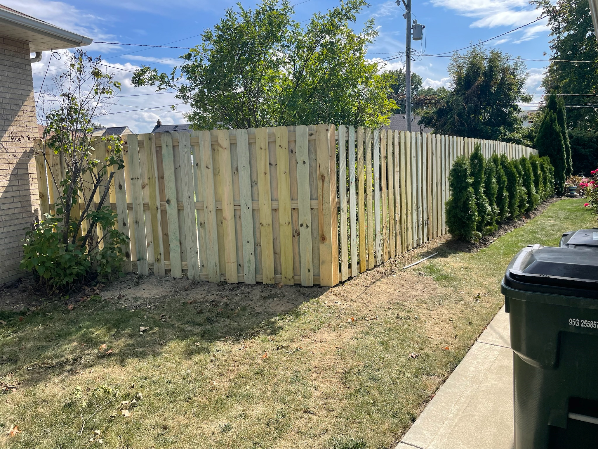 A backyard with a new wooden privacy fence, trees, bushes, grass, a concrete sidewalk, and two trash cans.