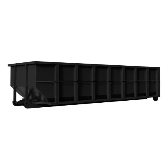 A long, black, rectangular industrial dumpster container.
