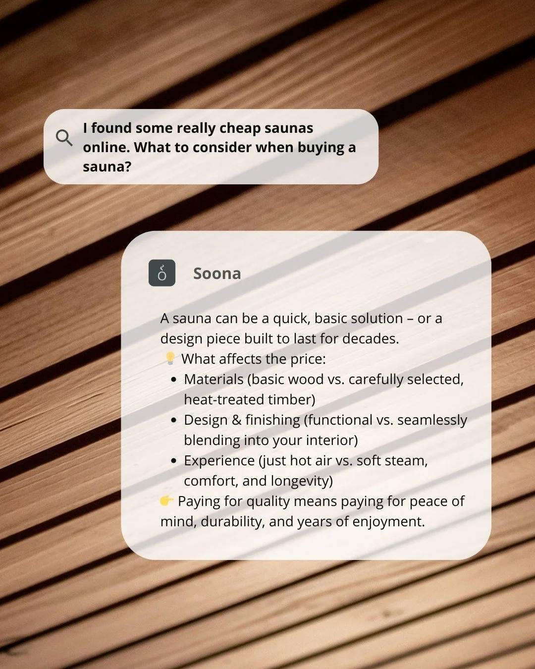 Soona is designed for decades!🔥

A high-quality sauna isn&rsquo;t just something you buy &mdash; it&rsquo;s something you keep. Crafted with strong materials and expert design, Soona is built to give you decades of stress relief, recovery, and pure 