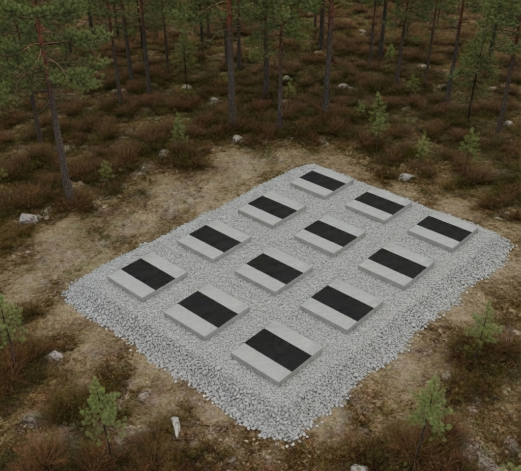 Image of outdoor sauna foundation where concrete slabs are placed on gravel bed, which is placed on top of XPS foam boards for nordic climate.