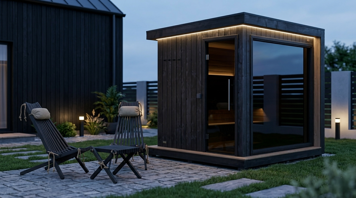 Soona S outdoor sauna in black color and tinted glass