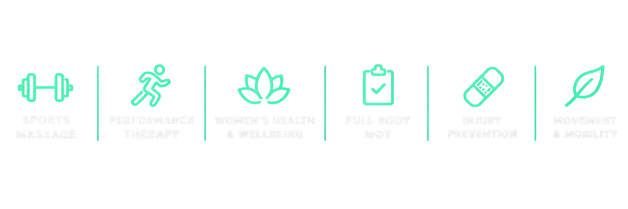 Neon-style icons representing sports massage, performance therapy, women's health & well-being, full-body MOT, injury prevention, and movement & mobility with corresponding labels.