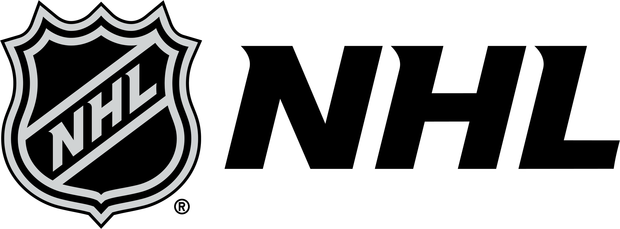 NHL logo featuring a shield design with diagonal "NHL" text on a black background.