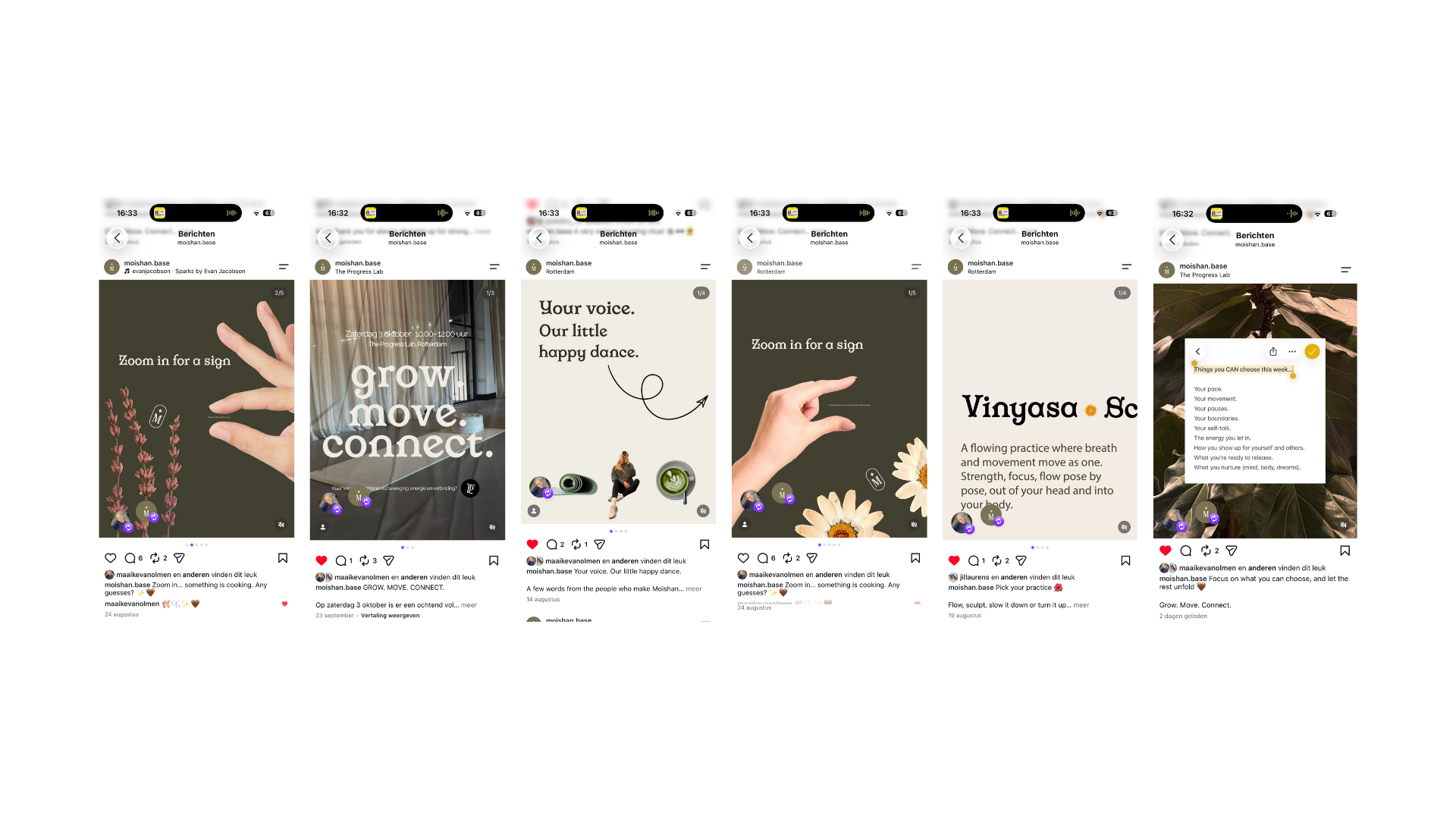 Six Moïshan Instagram posts: pre-launch teasers, an event invitation, member quotes, a class explainer and a mindset post.