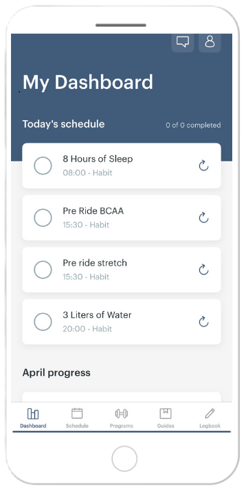Mobile phone displaying a dashboard with a list of daily health and hydration tasks, including sleep, workout, stretching, and water intake, with a navigation bar at the bottom showing icons for dashboard, schedule, programs, guides, and logbook.