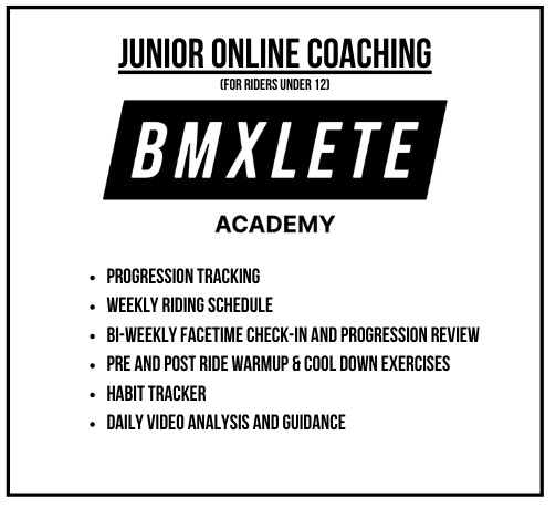 Flyer for Junior Online Coaching BMXlete Academy for riders under 12, listing services like progression tracking, weekly riding schedule, bi-weekly face-to-face check-in, warm-up and cool-down exercises, habit tracker, and daily video analysis.