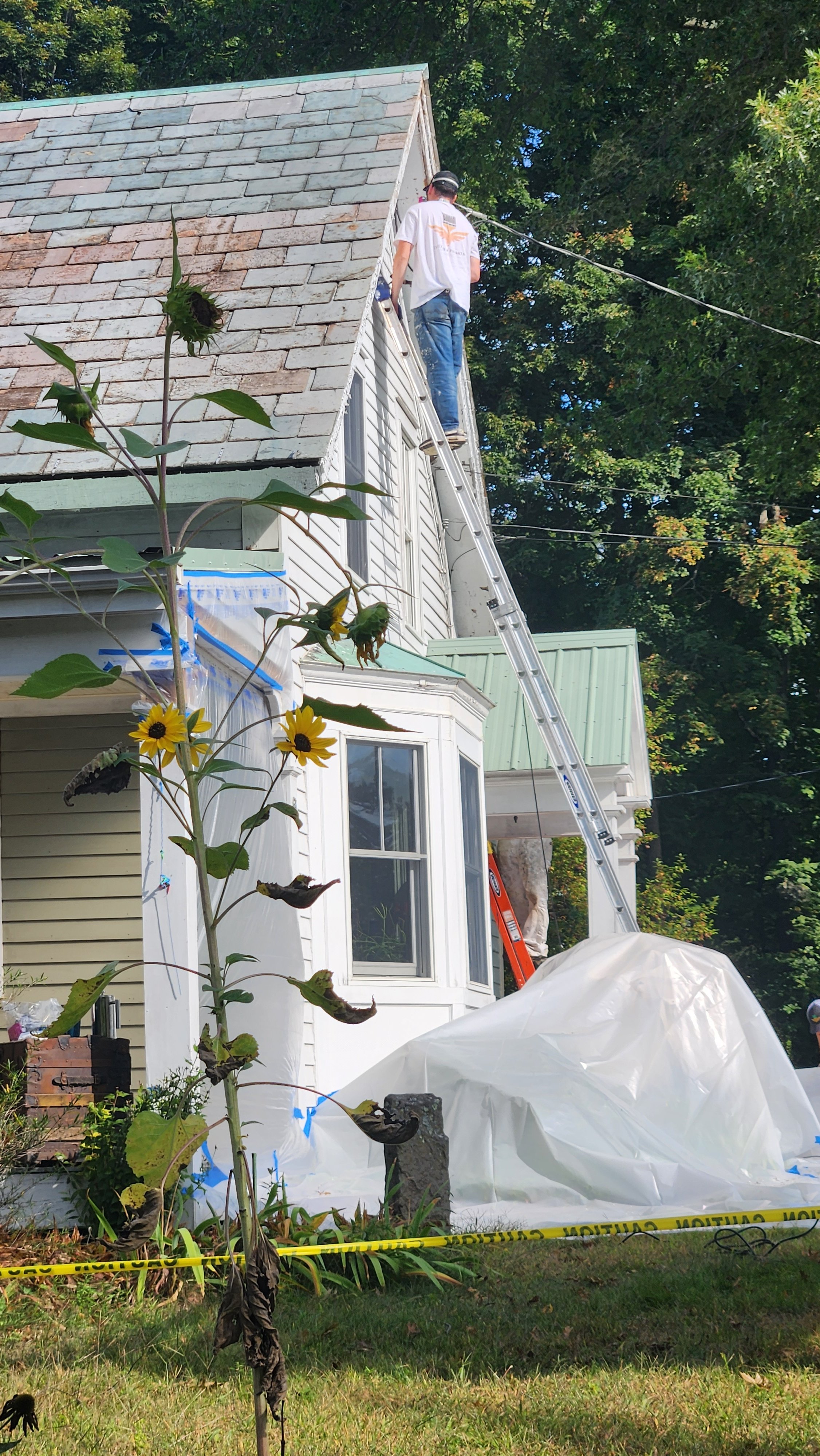 A worker repairing the roof of a house while standing on a ladder, with a caution tape barrier in the yard.