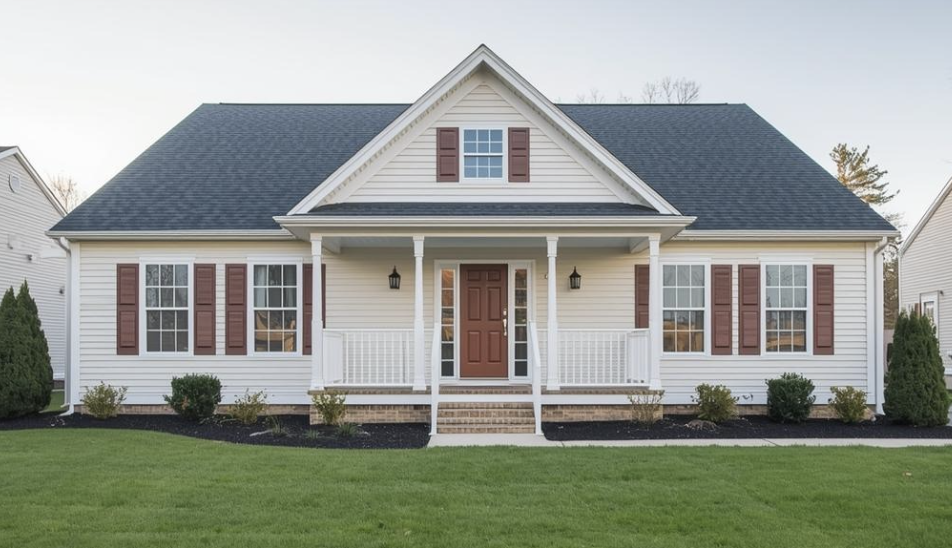 Front view of a white house with brown shutters and a brown front door, green lawn, and mulch bed with small bushes.