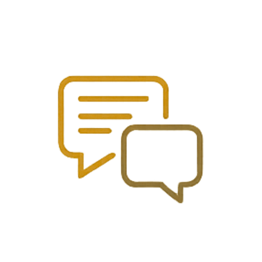 Digital illustration of three speech bubbles with chat icons in gold outline, on a black background with vector lines.
