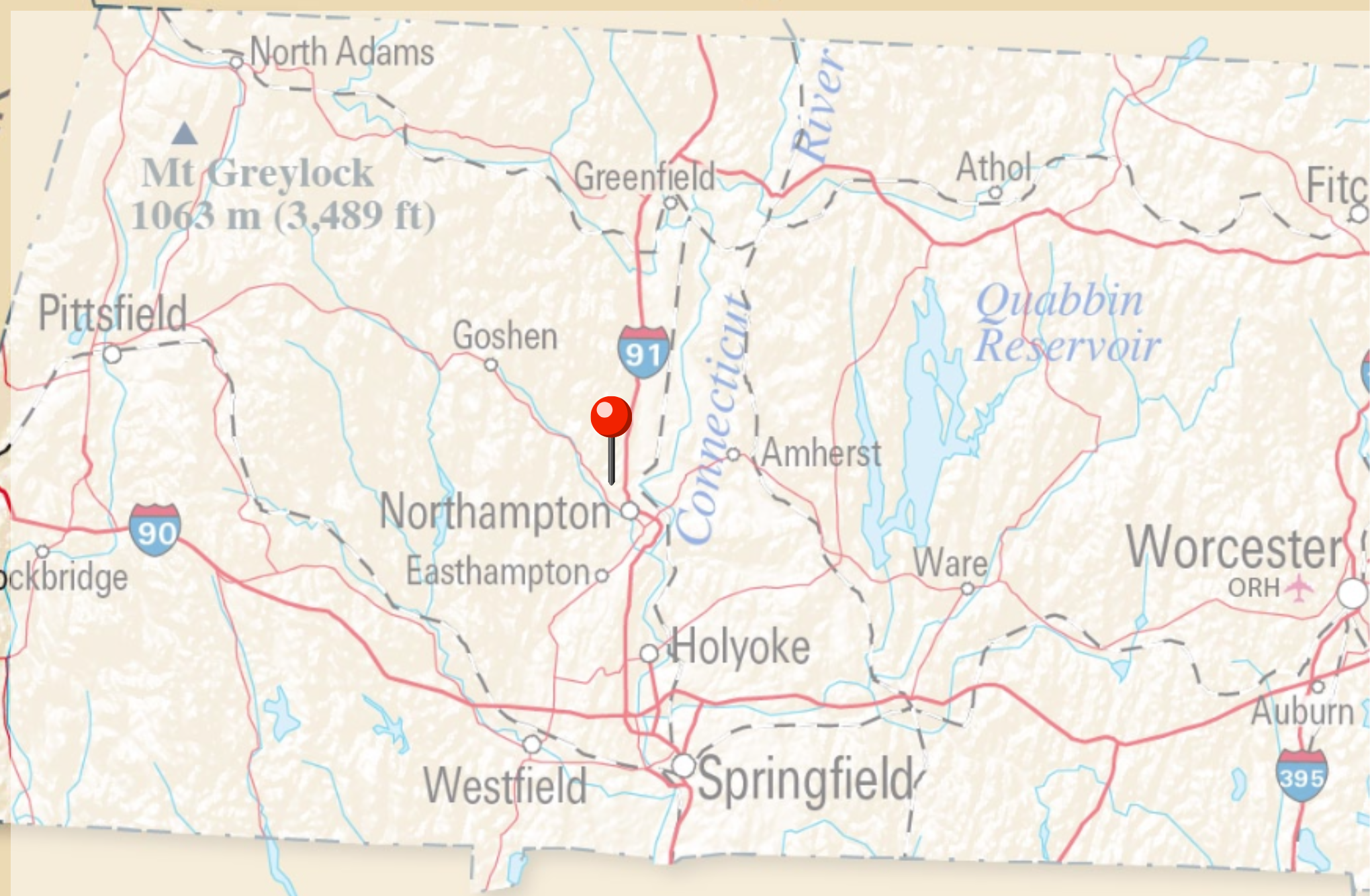 Map showing locations around Northampton, Massachusetts, with a red pin near Interstate 91, near Mount Greylock and the Quabbin Reservoir.