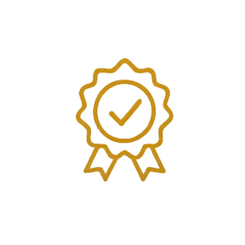 Gold-colored badge with a check mark inside a circle, resembling an award or certification icon.