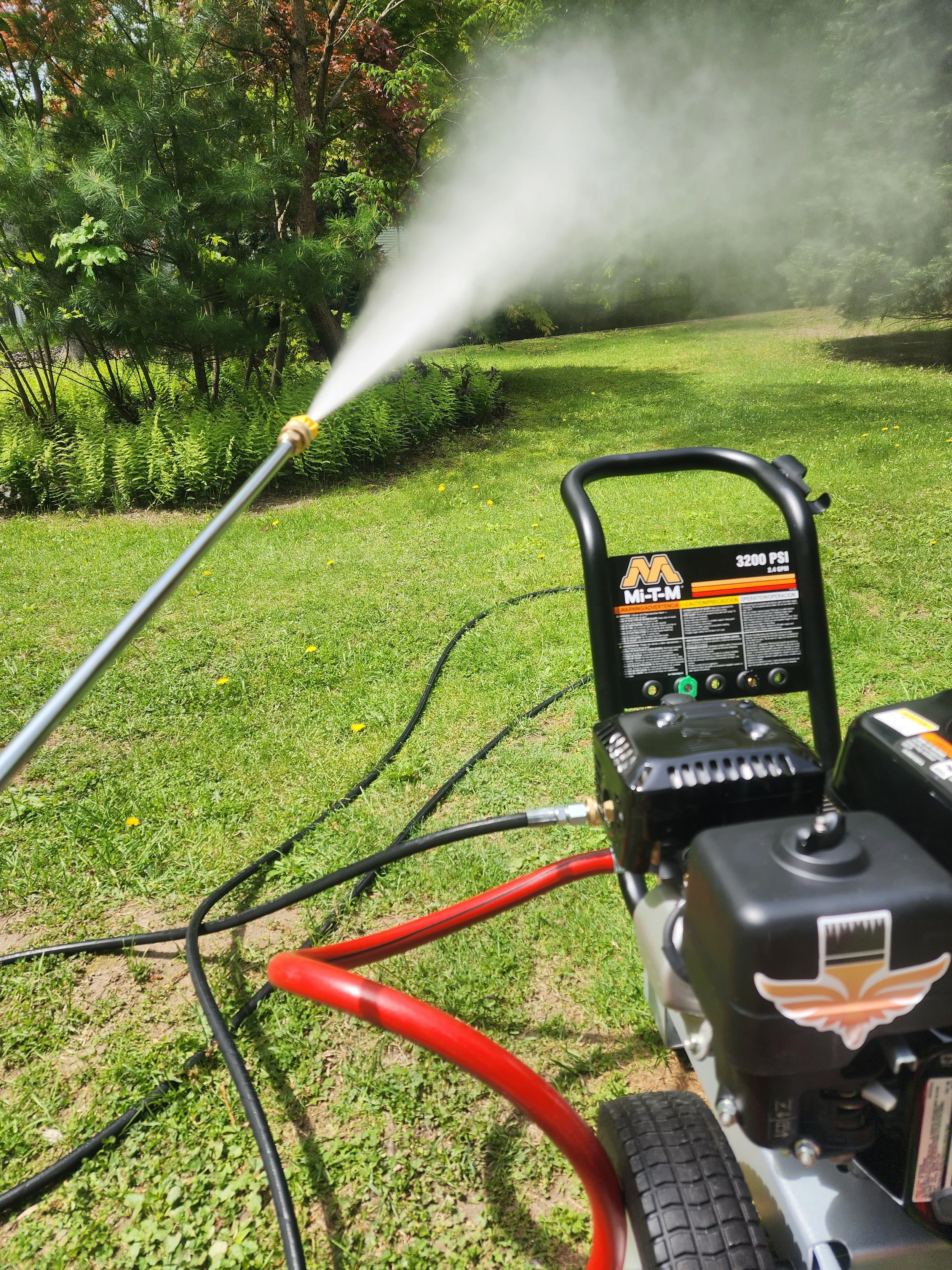 A pressure washer spraying water onto grass and plants in a backyard, with trees and bushes in the background.