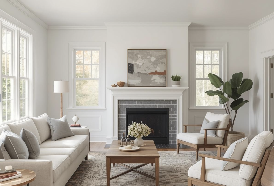 A cozy living room with a cream sofa and matching pillows, two armchairs, a wooden coffee table with a flower arrangement, a fireplace, and two large windows letting in natural light, decorated with minimalist art and plants.
