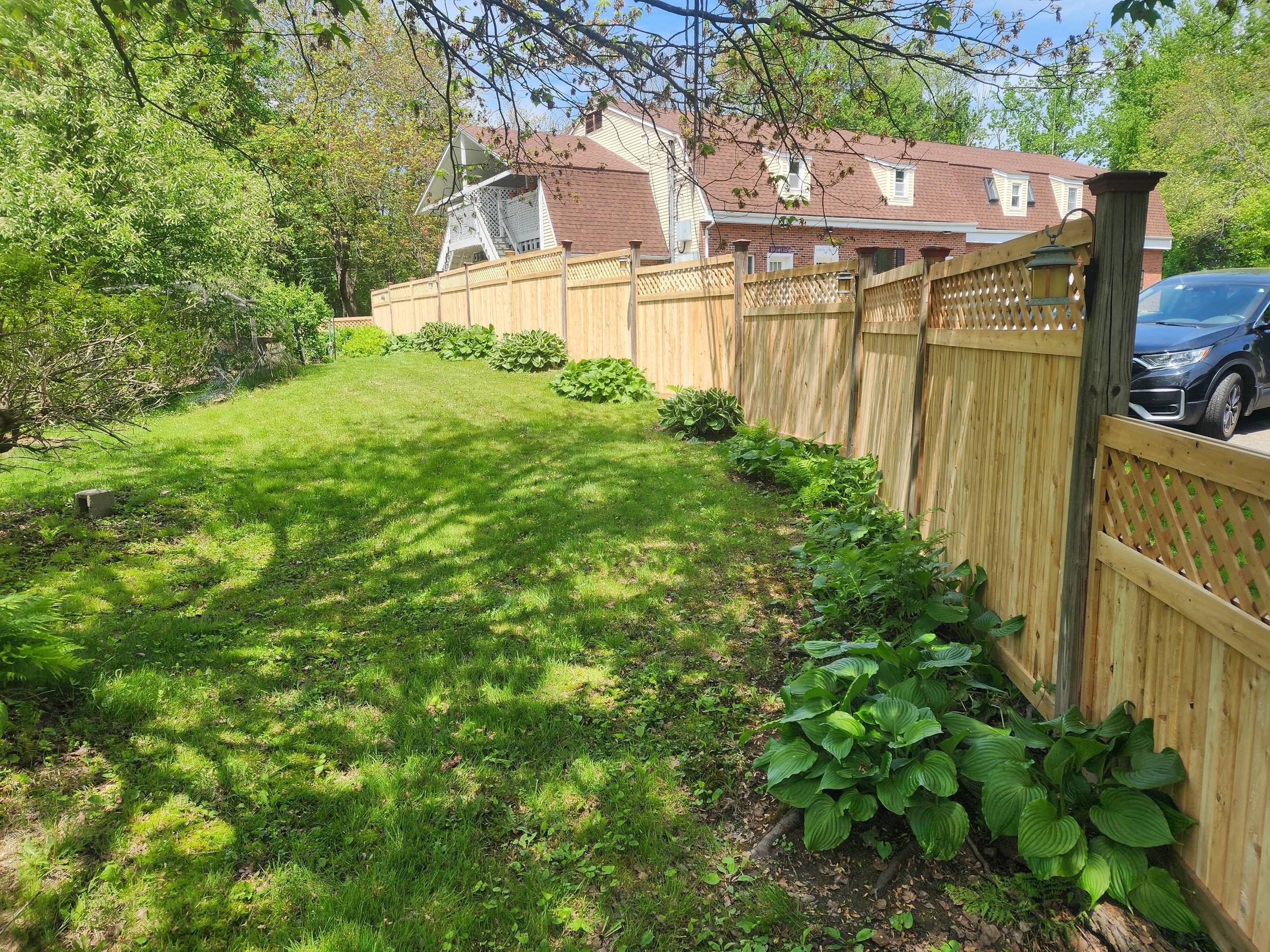 A backyard with a lush green lawn, a new wooden fence, and garden plants along the fence line. Trees and houses are visible in the background.