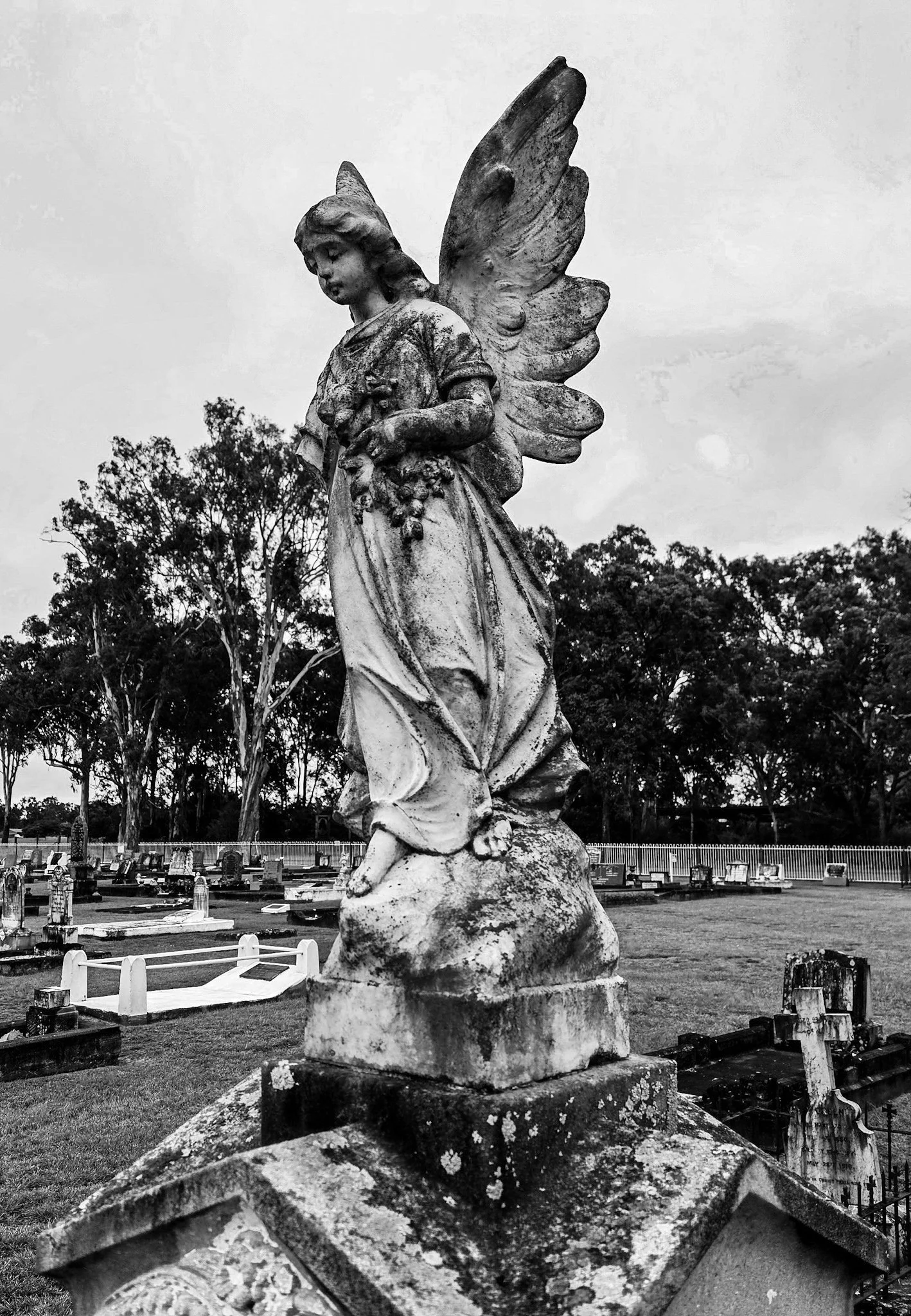 Black and white photo of a stone angel statue in a cemetery, with trees in the background.