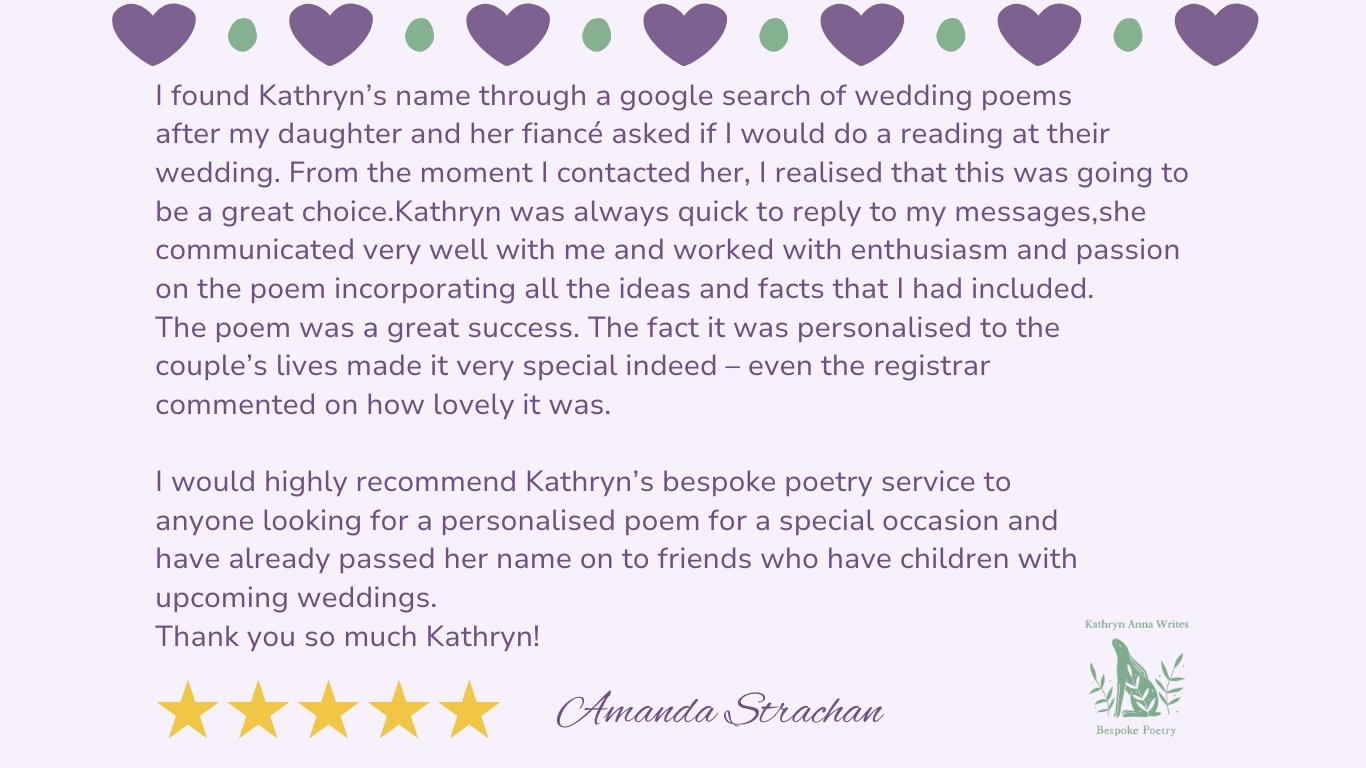 Testimonial for Bespoke Poems by Kathryn Anna praising a personalised wedding poem, with a 5-star rating and signature by Amanda Strachan.