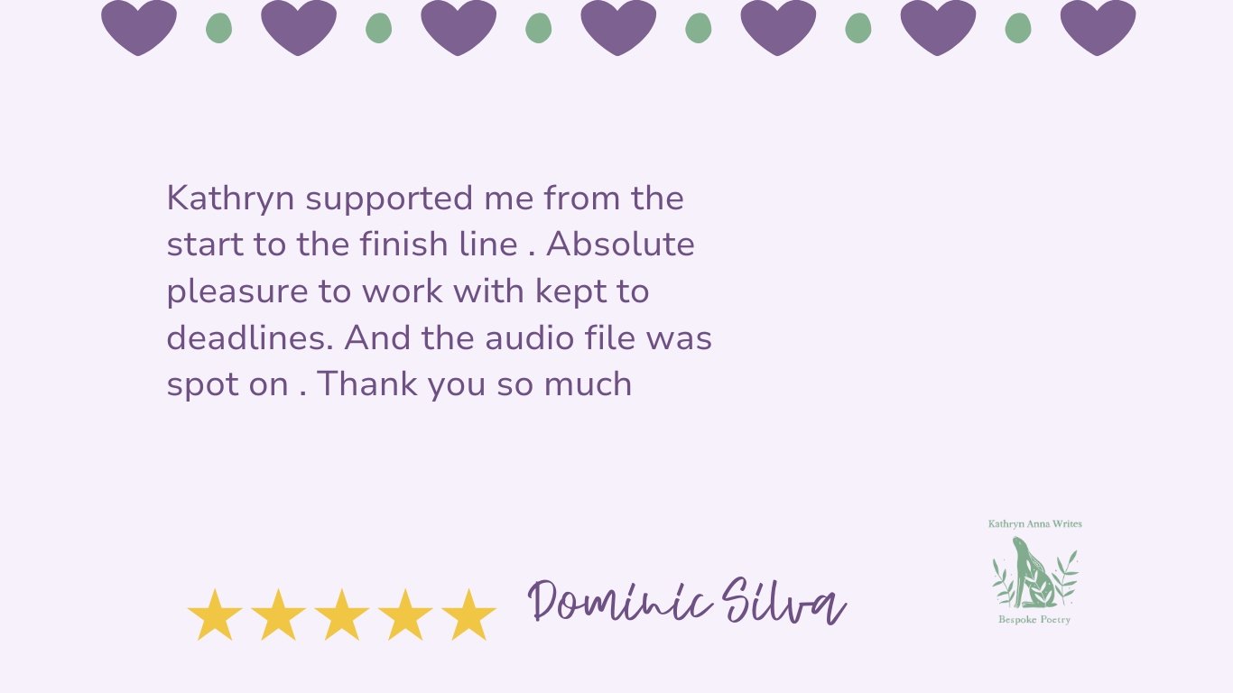 Testimonial with purple hearts border, praising Kathryn's support and audio work, features a 5-star rating and logo for Kathryn Anna Writes Bespoke Poetry.