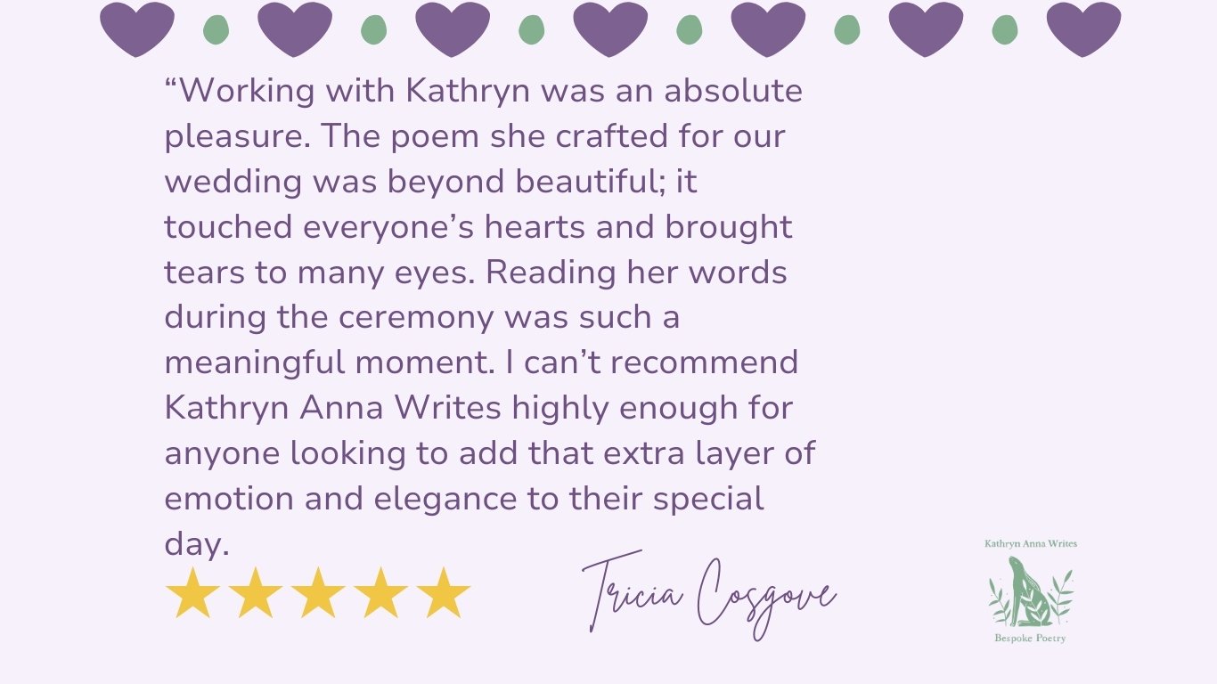 Testimonial for Kathryn Anna Writes featuring purple heart accents, five gold stars, and a signature by Tricia Cosgrove. The text praises Kathryn for crafting a beautiful wedding poem that touched hearts and added special emotion and elegance to the