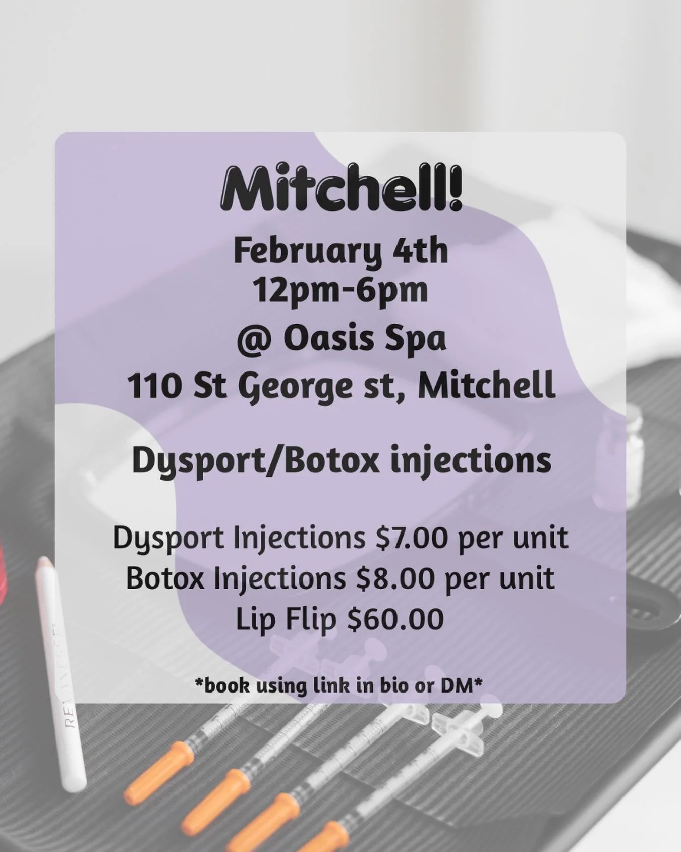 Ok Mitchell and area babes! 

I&rsquo;m back at Oasis Spa February 4th! 

You can book using the link in my bio OR just message me and I&rsquo;ll always find space for you 💜

#botox #dysport&reg; #antiwrinkletreatment #skin #ontario #injections #cos