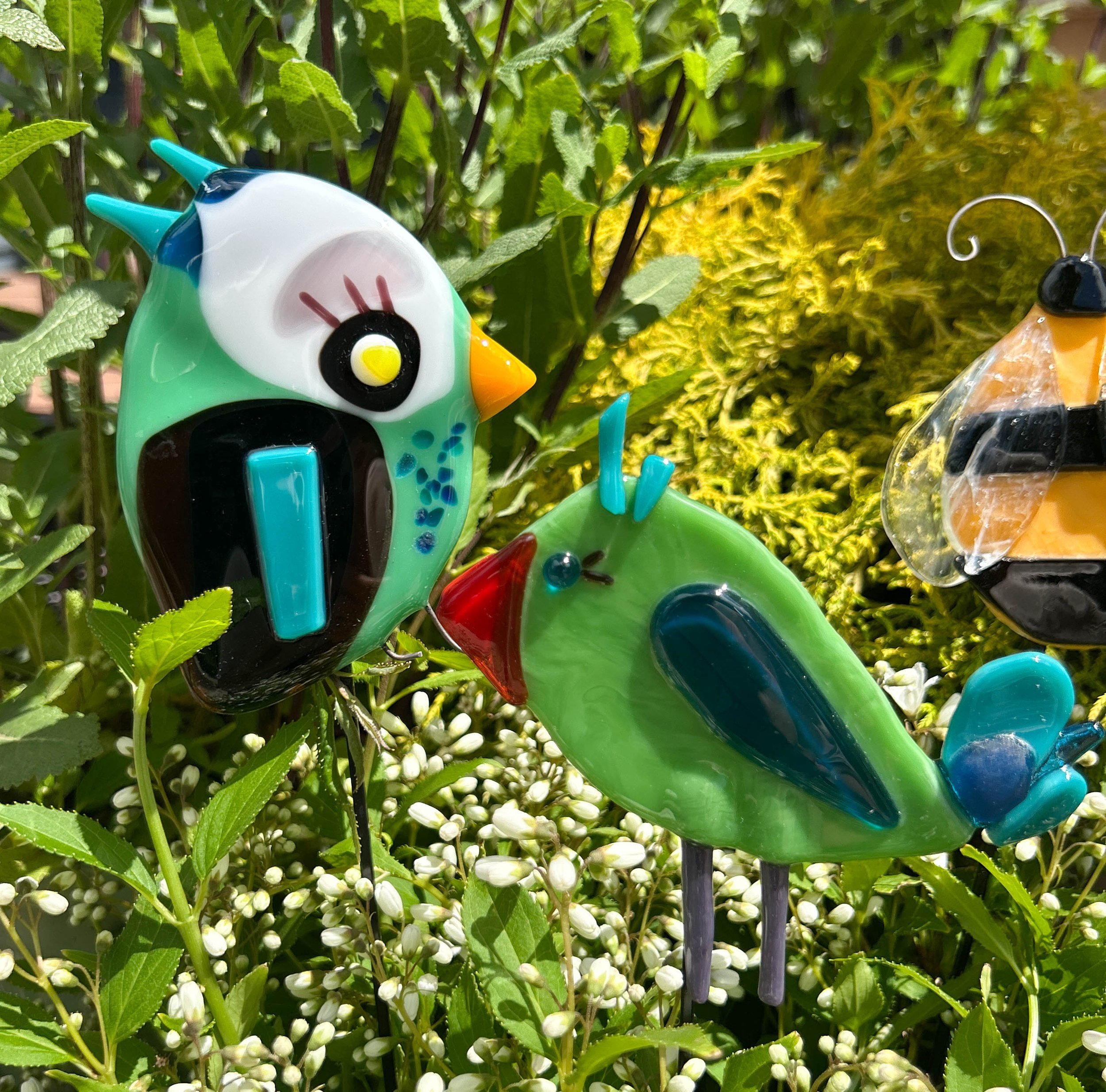 Birds and Bees Glass Fused Garden Stakes
