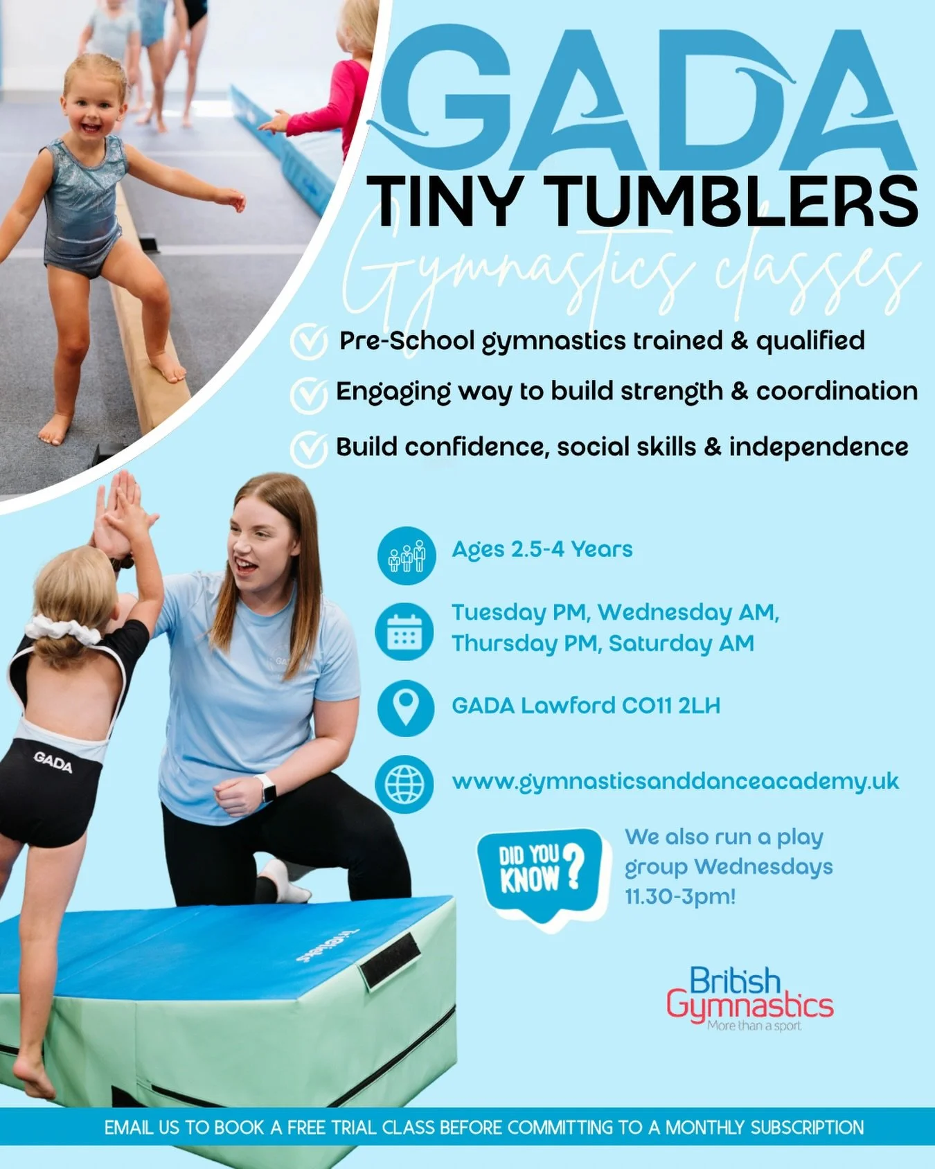 ✨ Something new for January? ✨

Want a nurturing and supportive environment where your child can learn, move and grow in confidence? Our Tiny Tumblers classes are designed for preschoolers, offering a positive introduction to gymnastics through struc