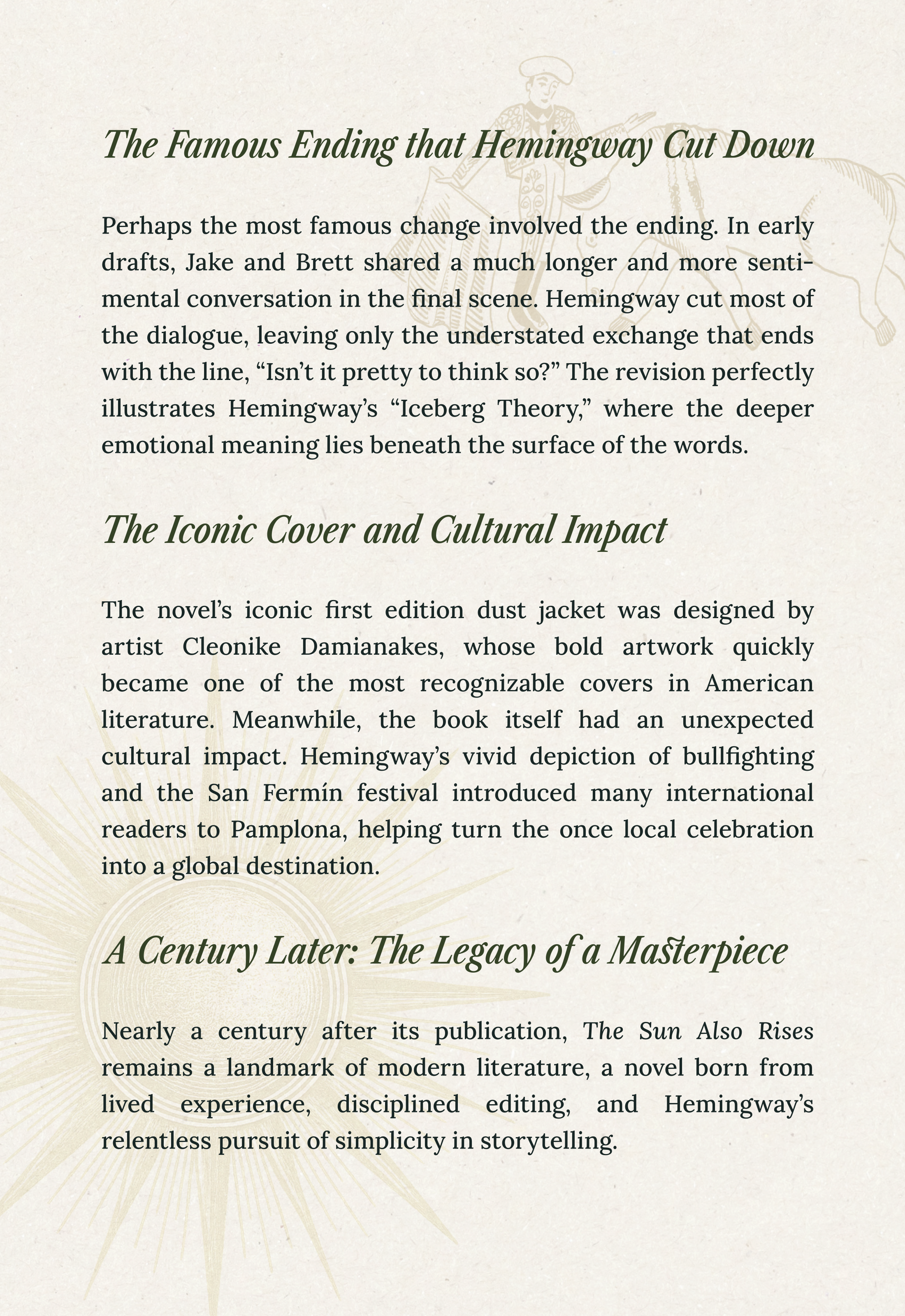 Page from a book or magazine with a beige background, featuring text in green and black fonts, and a faint illustration of a man in historical attire at the top.