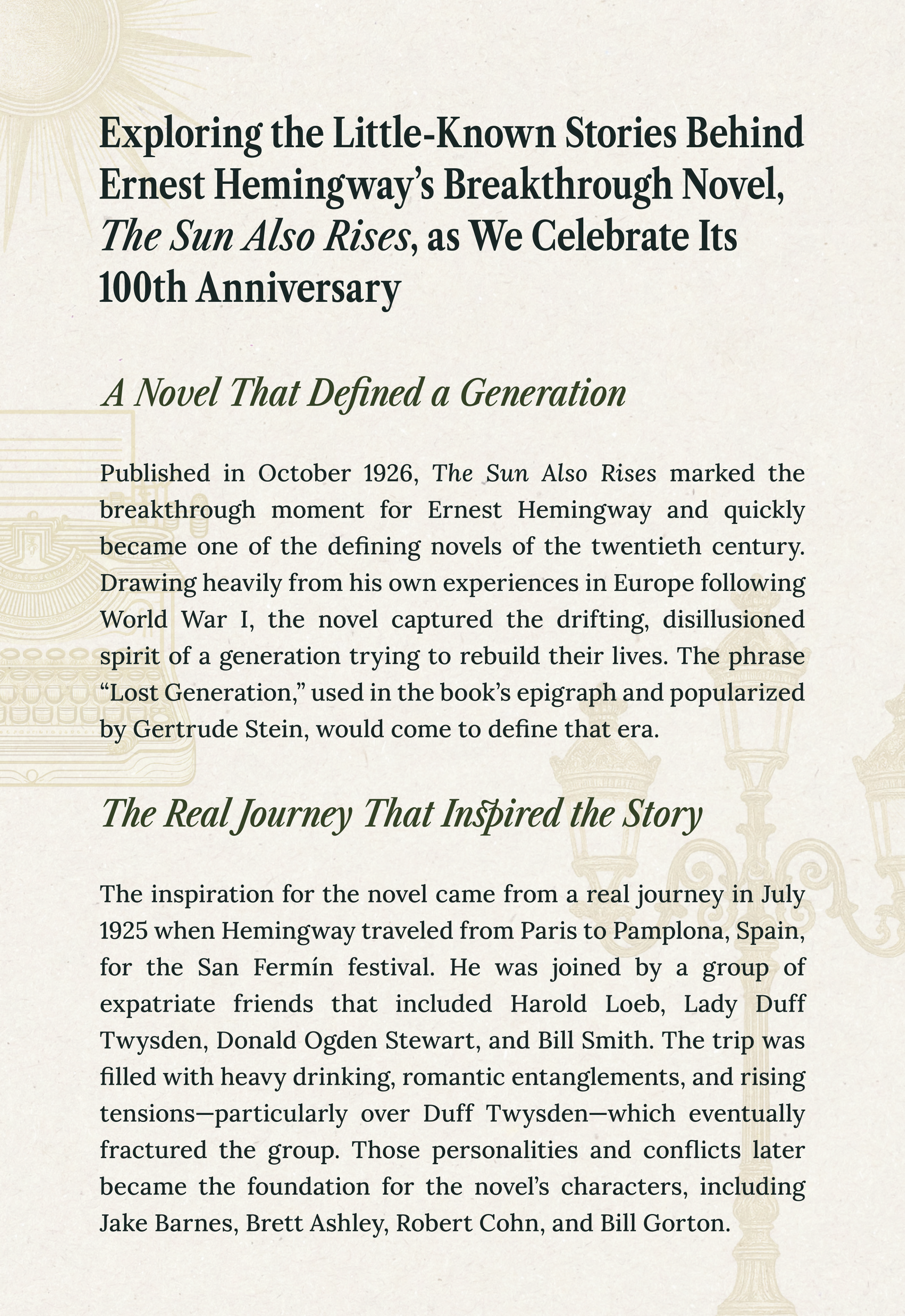 A page from a book or an article with beige background, featuring a title about Ernest Hemingway's novel "The Sun Also Rises" and its 100th anniversary, including faint illustrations of a sun and a street lamp in the background.