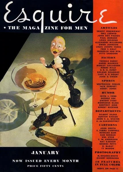 The cover of Esquire magazine featuring a caricature of a man with exaggerated facial features. Article by Ernest Hemingway