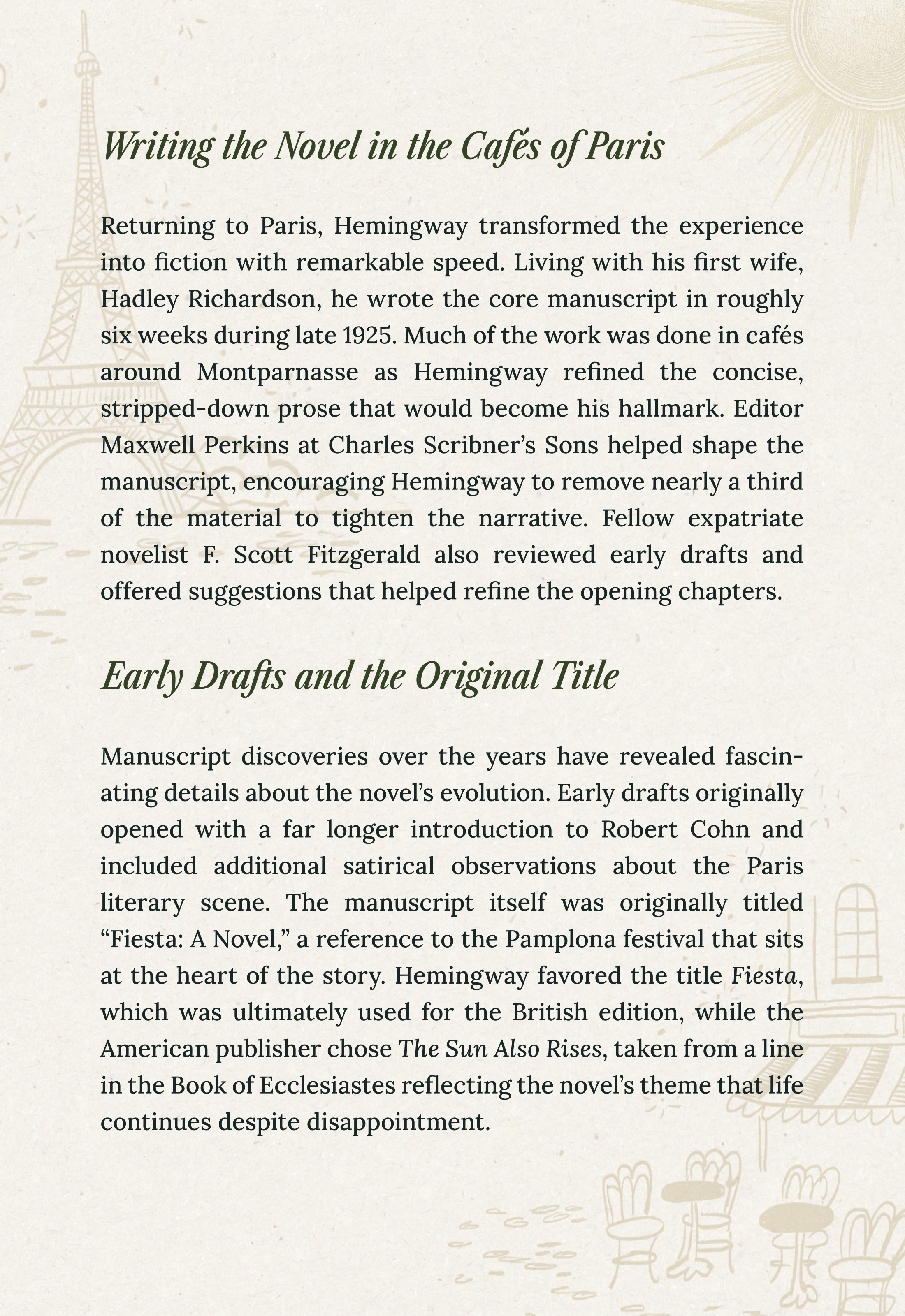 Partial page of a book or article discussing Hemingway's writing in Paris cafes, with visible illustrations of Eiffel Tower and café chairs in the background.
