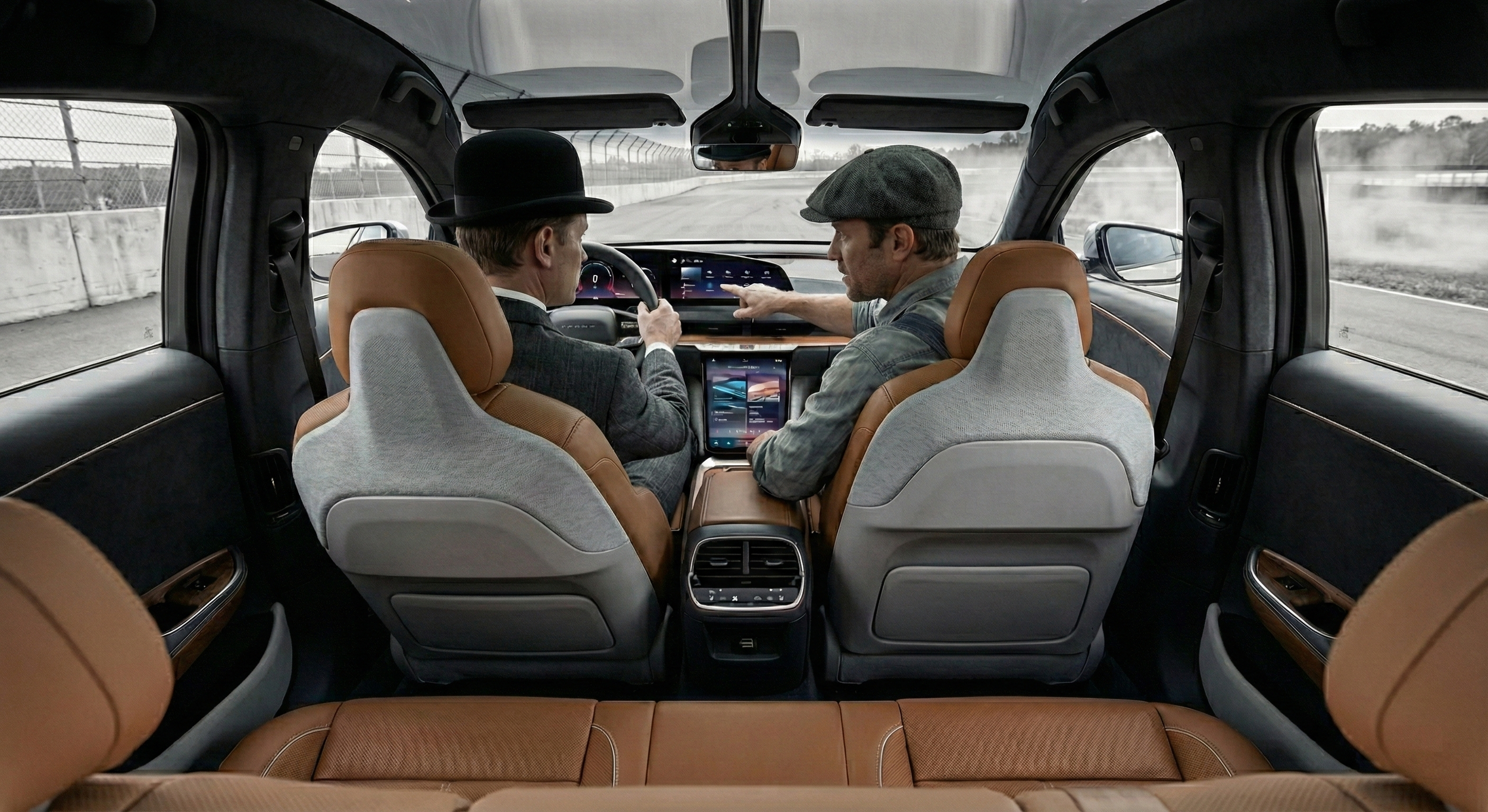Two men inside a modern, luxury vehicle driving on a racetrack, with one man, a limitls Ai Resident Co-Pilot guiding the driver.