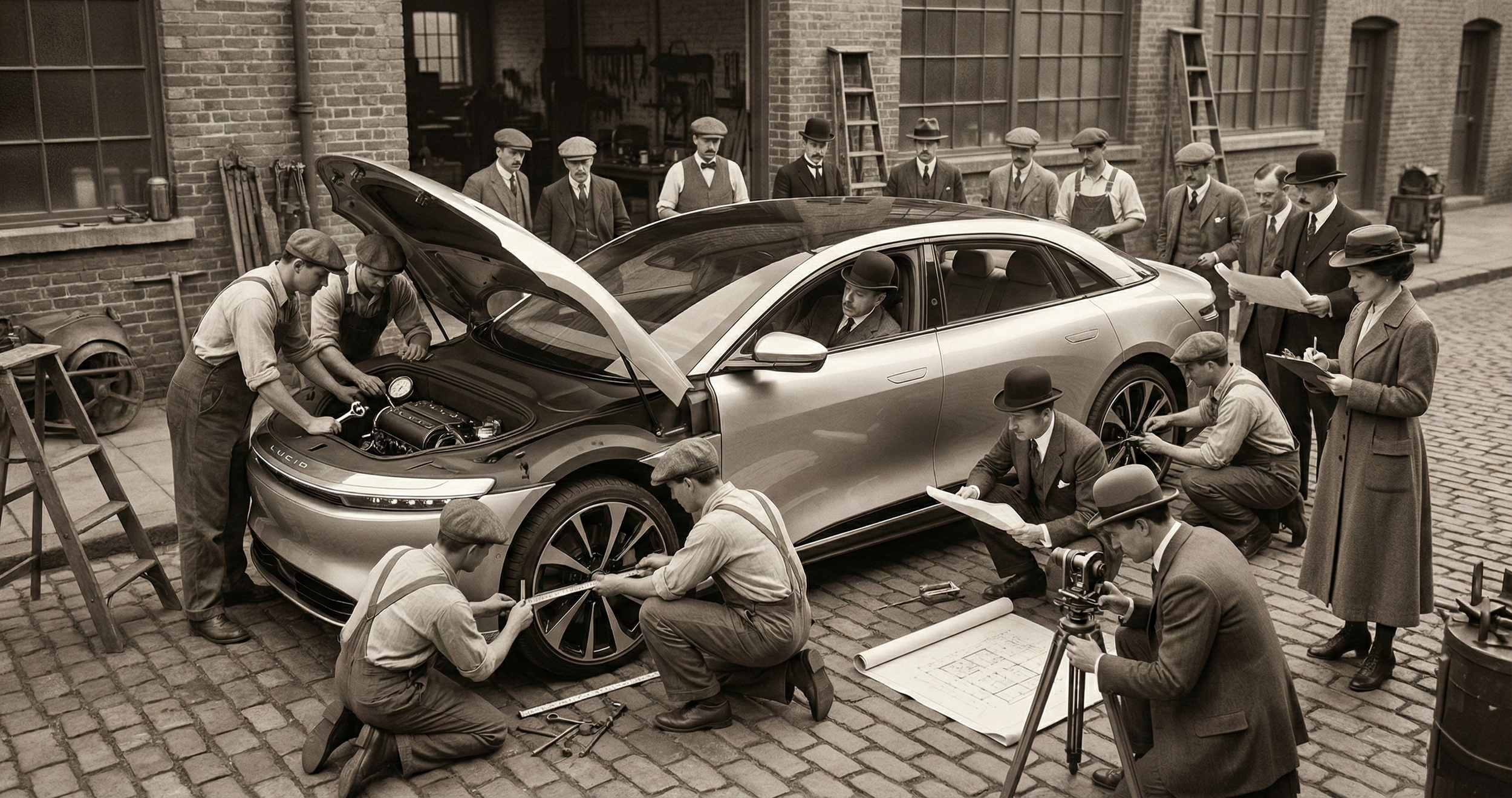 A vintage scene of a car workshop with mechanics working on a modern car, surrounded by mostly men dressed in early 20th-century clothing, some taking notes and others observing, in front of a brick building.